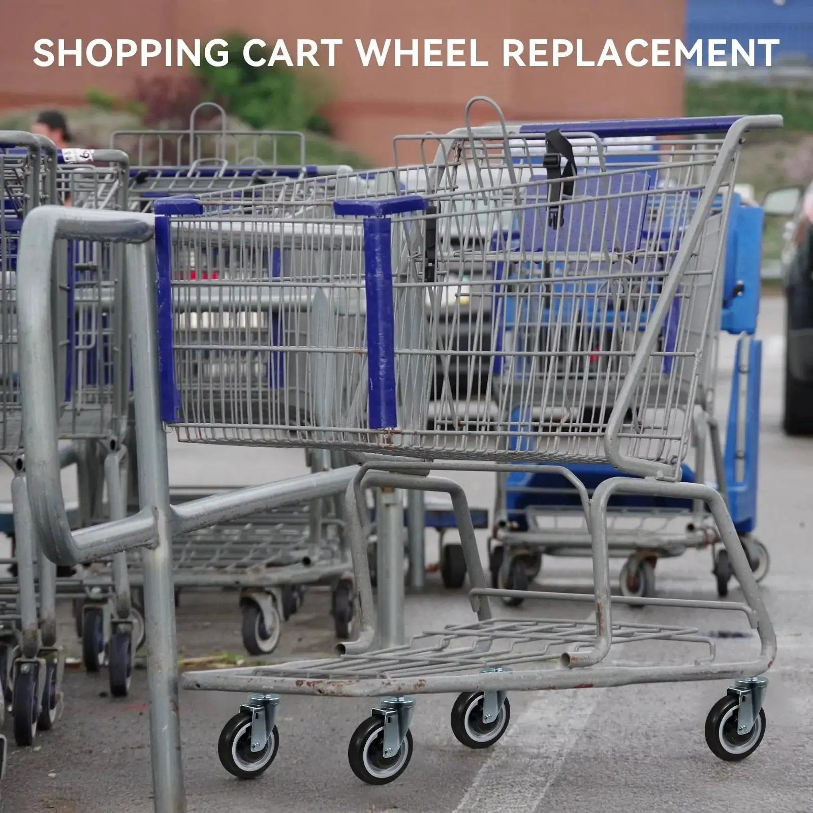 Multiple shopping carts with 5 Inch Shopping Cart Wheels Replacement Set With Five Sixteenth Inch Axle Polyurethane Casters visible.