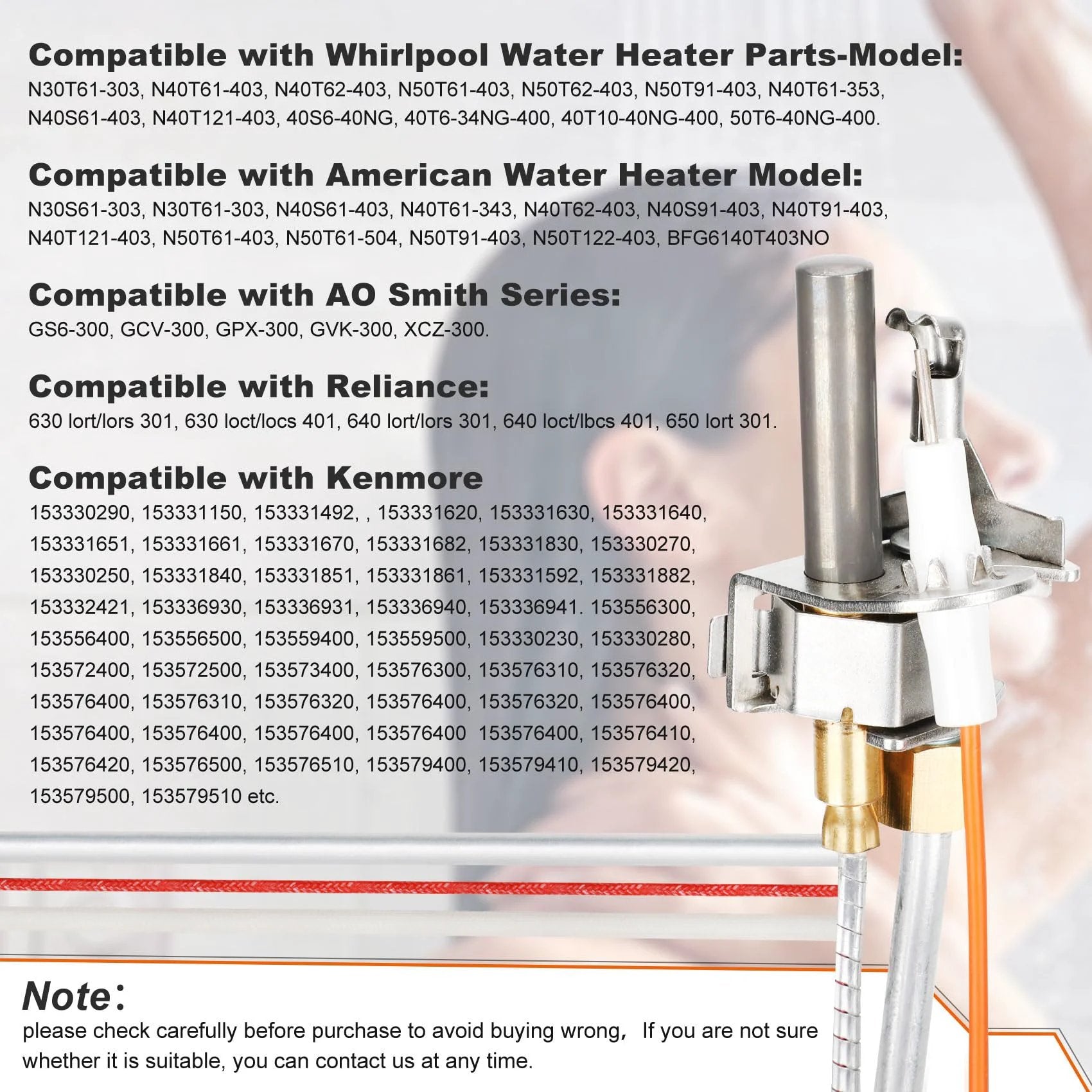 Upgrade 100112330 Water Heater Pilot Assembly For 300 And 301 Series Whirlpool And A O Smith Water Heaters Includes 9007876 Thermopile Replacement Compatible With Reliance American State Kenmore displayed with compatibility list
