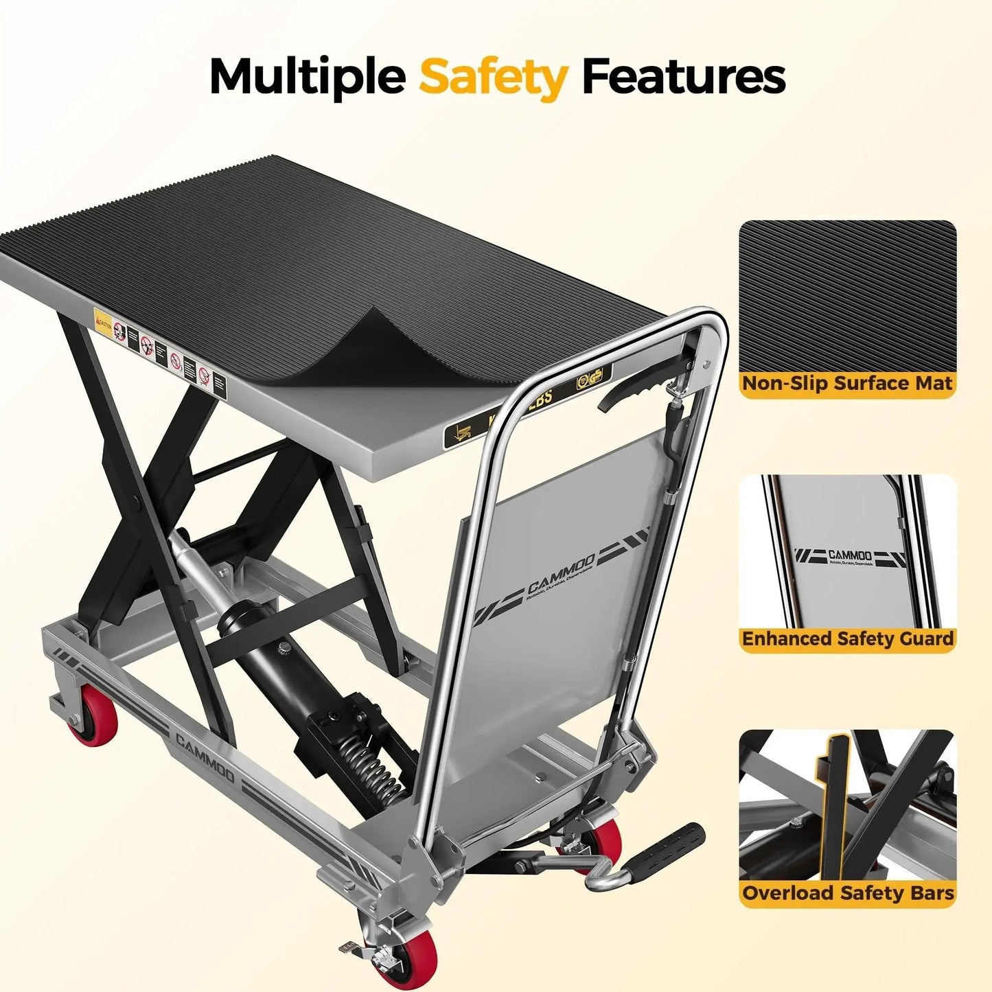 Hydraulic Lift Table Cart 500 Lb 28.5 Inch Lift Foldable Handle Safety Guard, features non-slip mat and safety bars