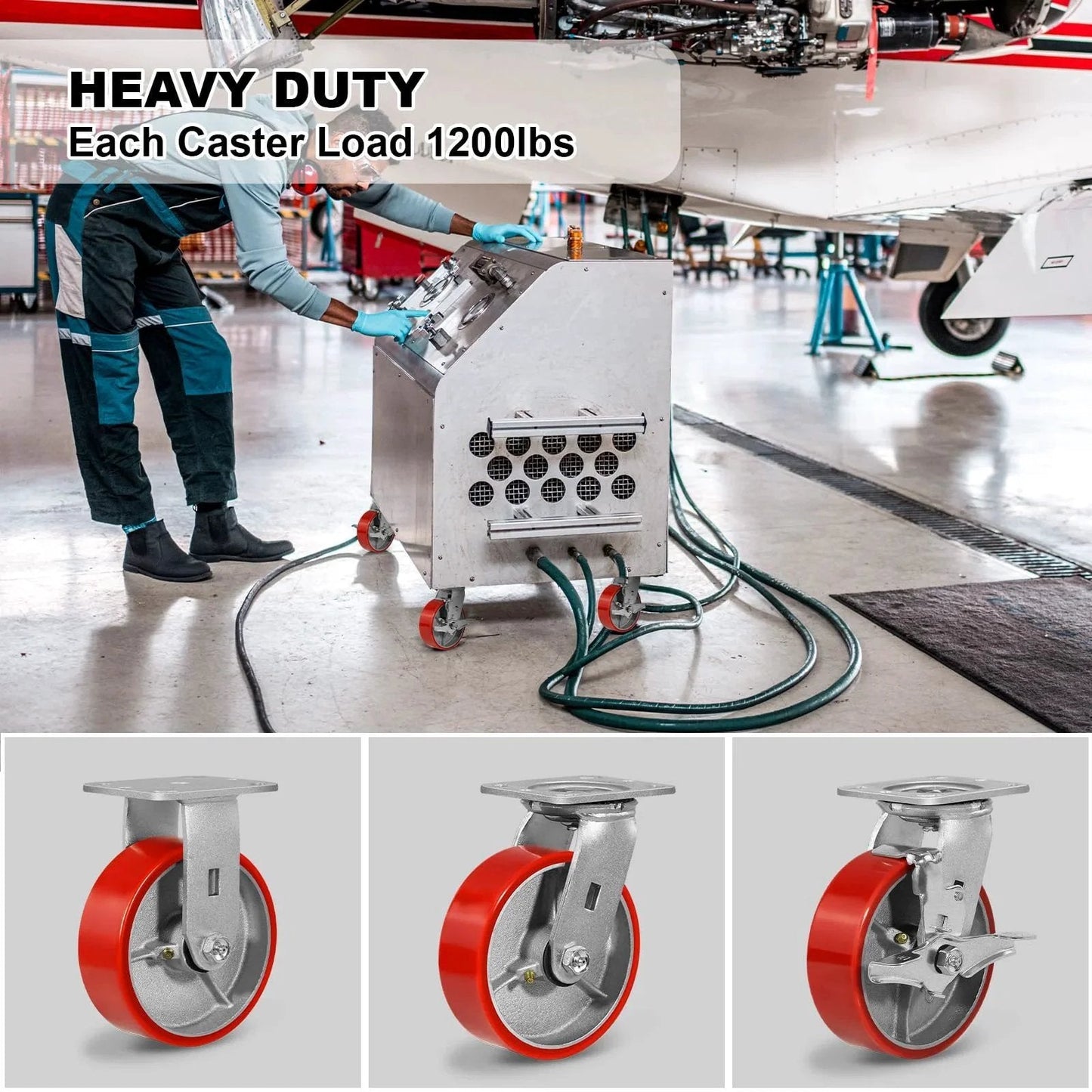 6 Inch Heavy Duty Caster Set Of 4 With 4800 Lb Capacity Polyurethane Wheels installed on industrial equipment in workshop