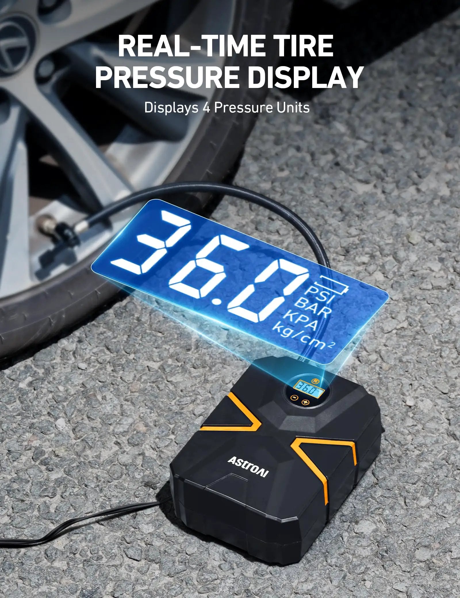 Close-up of Portable Tire Inflator With Digital Display And Auto Shutoff 12V DC Car Air Pump 150 PSI showing real-time pressure readout.