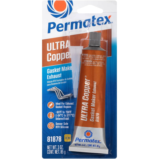 Ultra Copper Maximum Temperature RTV Silicone Gasket Maker 3 oz Tube for Engines, Sensor Safe, shown in packaging