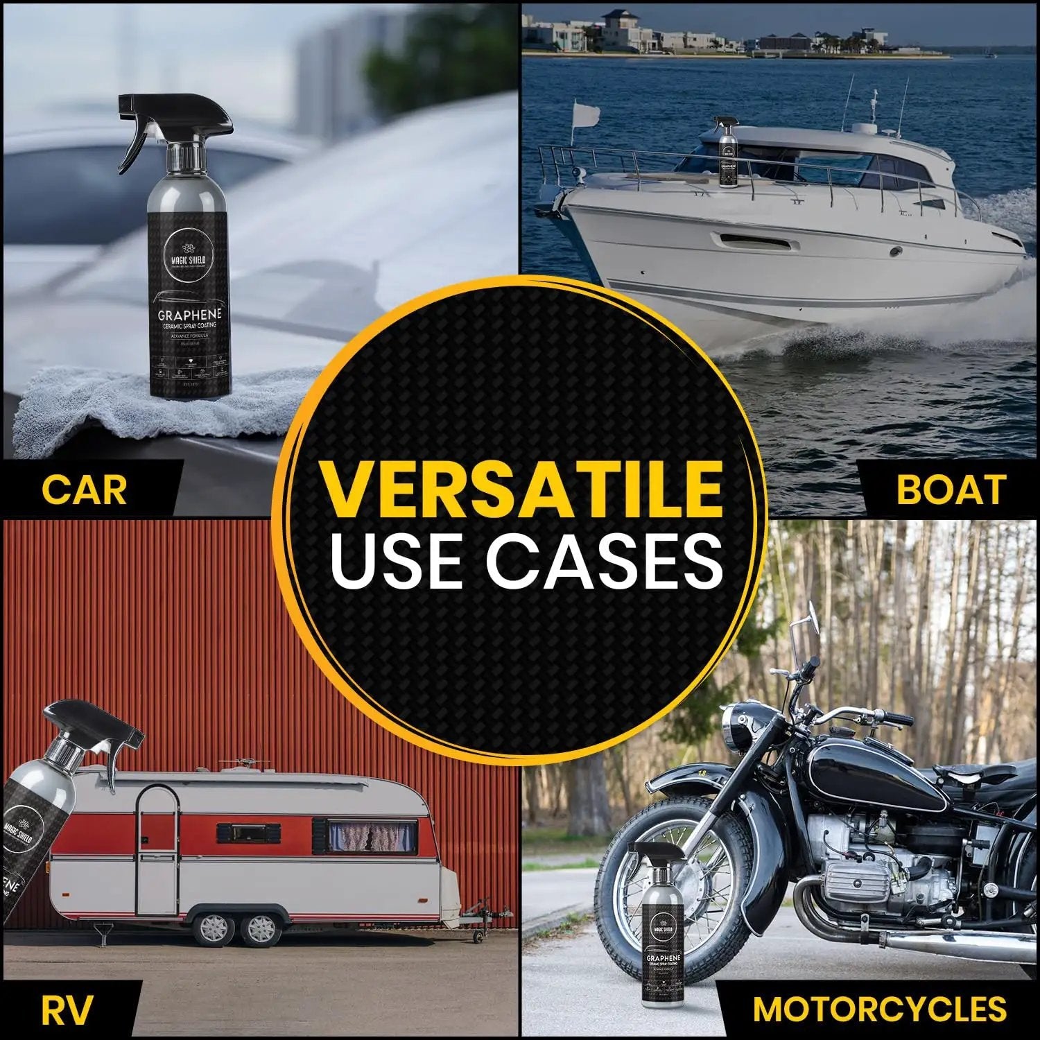 Long Lasting Graphene Ceramic Spray Coating For Cars, Motorcycles, Boats And More, 16oz bottle shown in multiple applications.