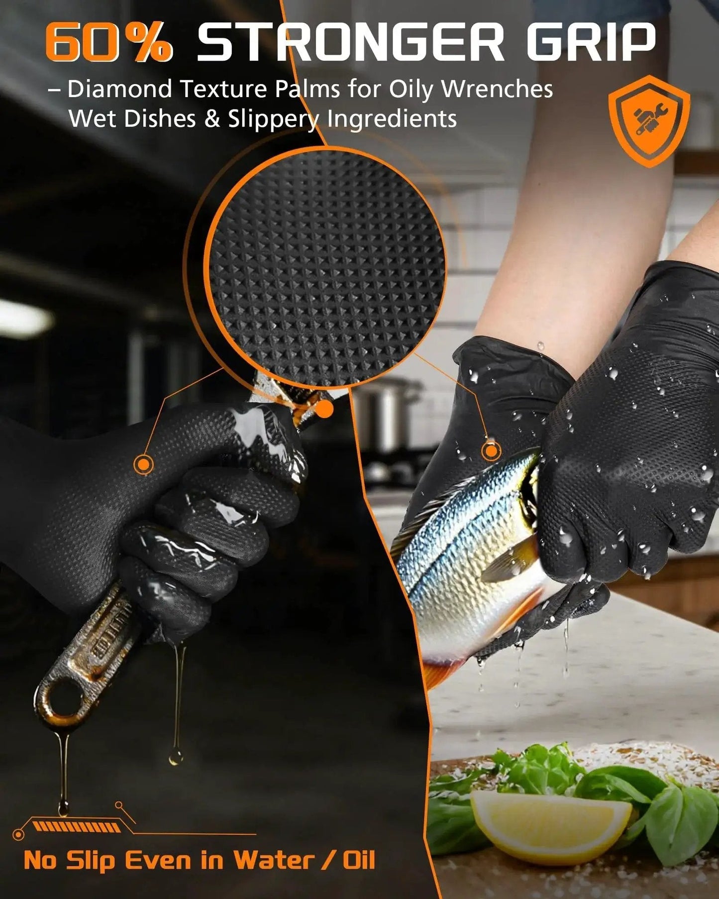 Heavy Duty Nitrile Gloves 9 Mil Diamond Texture Black, large size, demonstrating strong grip with fish and wrench, 800 Pcs
