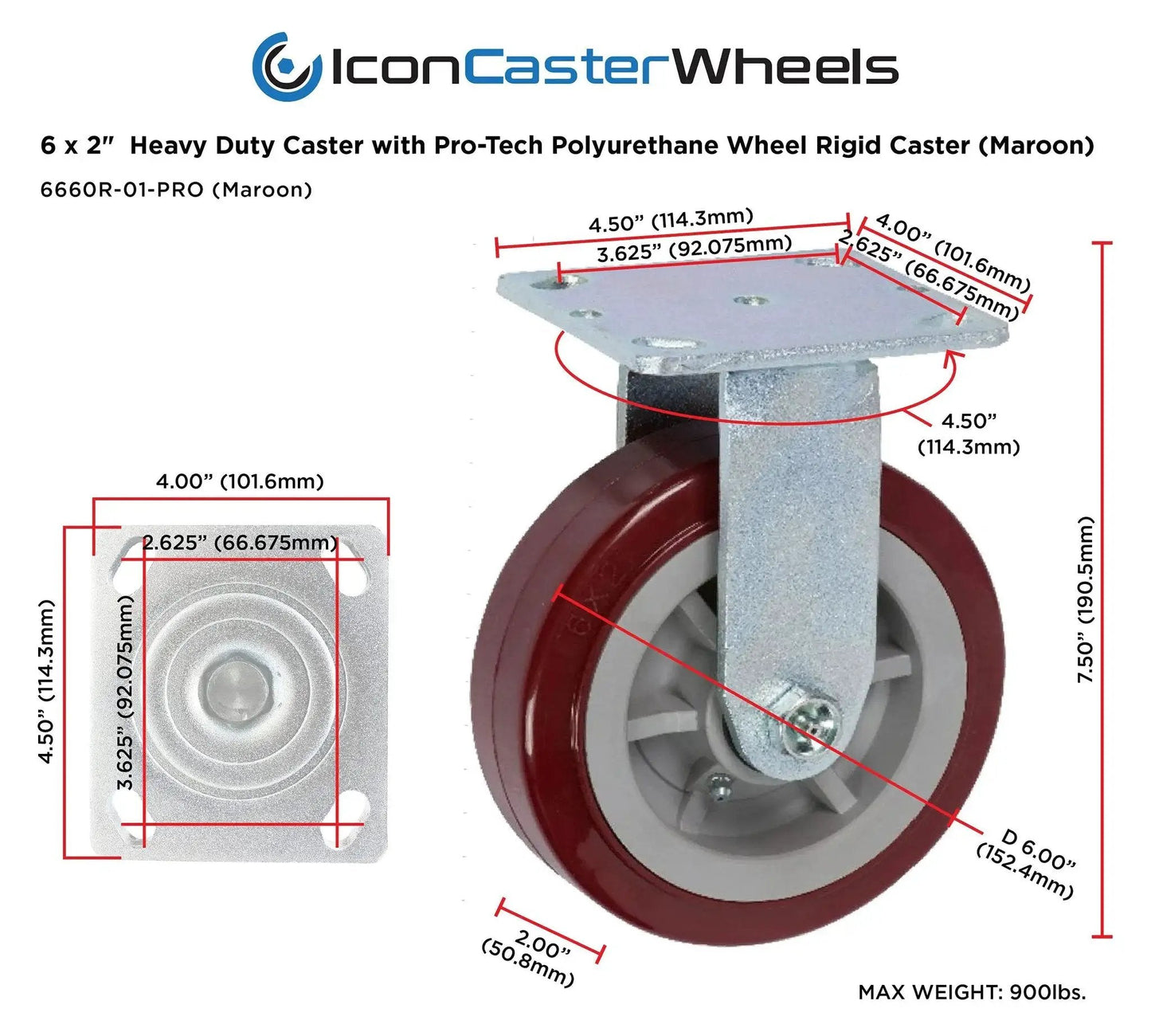 Heavy Duty Industrial Casters 6 Inch By 2 Inch With Top Plate 4 By 4.5 Maroon Two Rigid And Two Swivel Casters With Top Lock Brakes Non Marking Pro Tech Polyurethane Wheels Load Capacity 3600 Lbs Per Set Of Four, showing caster dimensions and design.