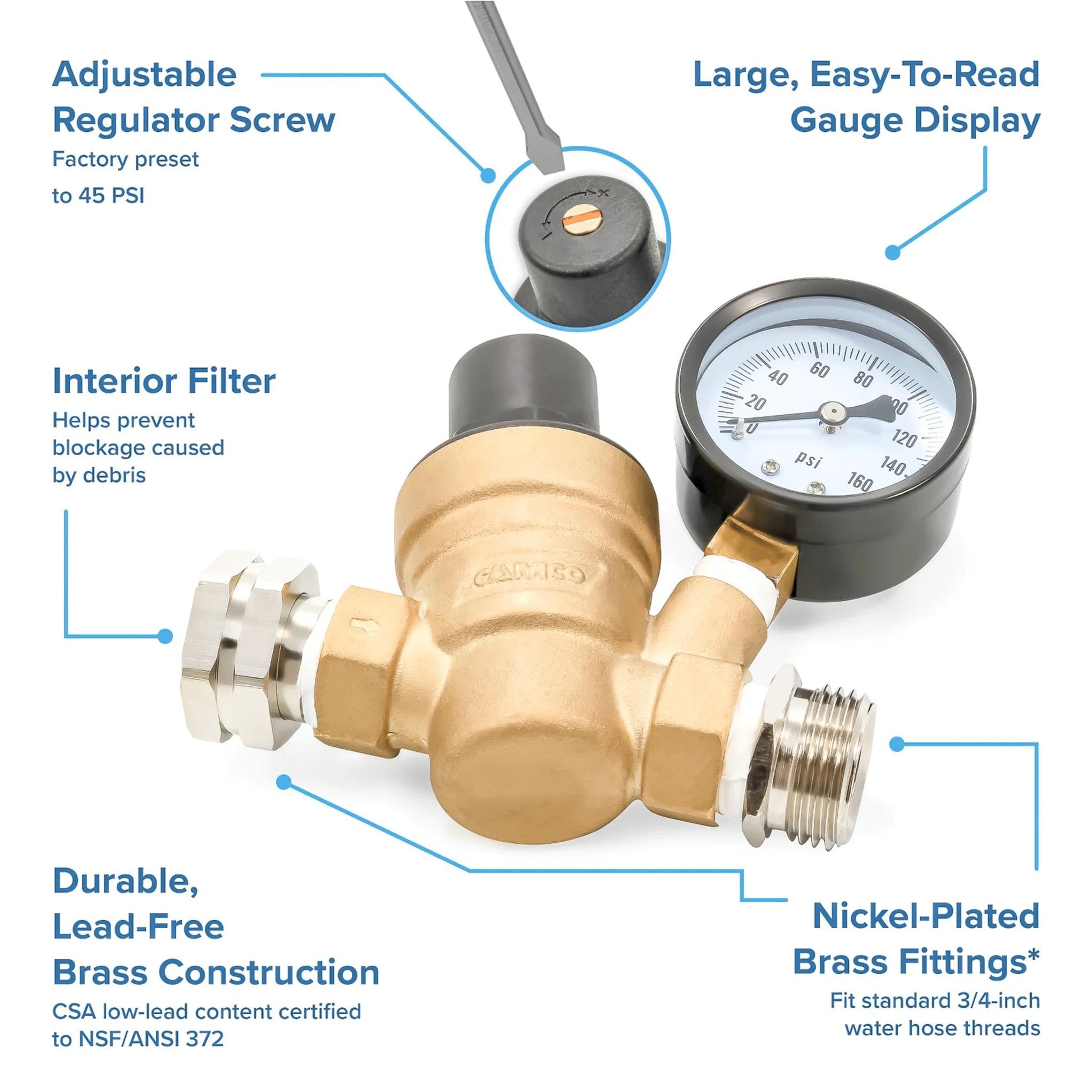 Adjustable Brass Water Pressure Regulator for RV and Marine Use With Standard Garden Hose Threads for Easy Hookup Helps Prevent Damage to Appliances Plumbing Fixtures and Hoses Camco 40058