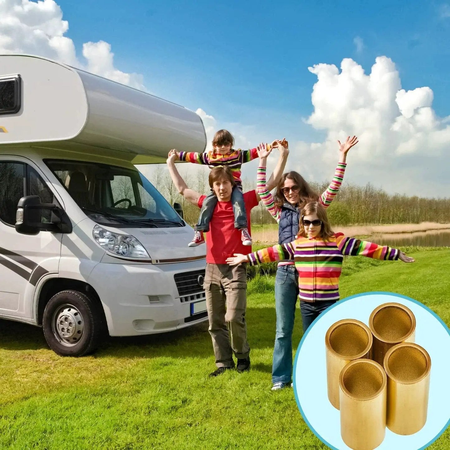 Family posing by RV with inset image of Six Piece Trailer Leaf Spring Bushing Kit With Brass Shackle Bushings For Trailer Axle Replacement