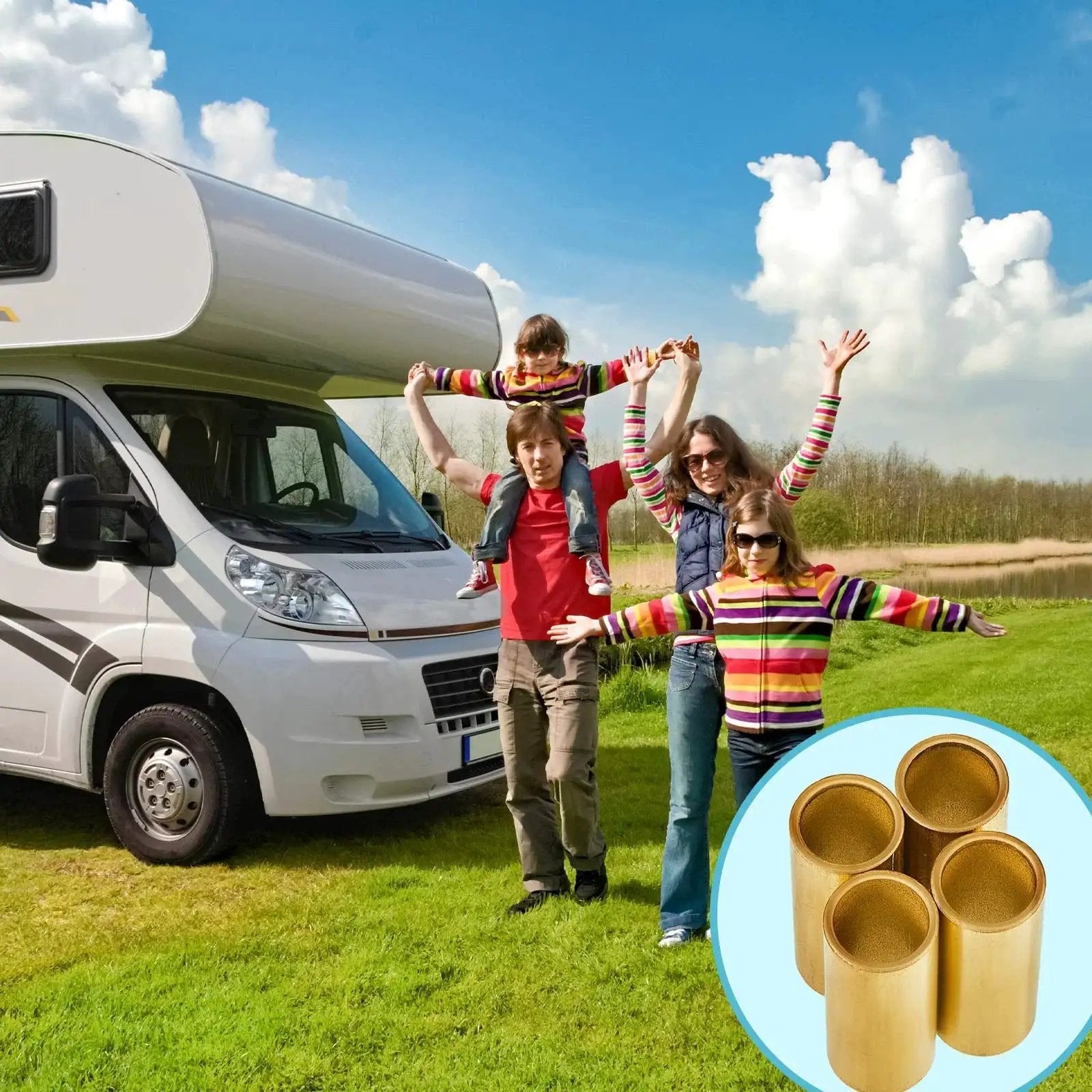 Family posing by RV with inset image of Six Piece Trailer Leaf Spring Bushing Kit With Brass Shackle Bushings For Trailer Axle Replacement