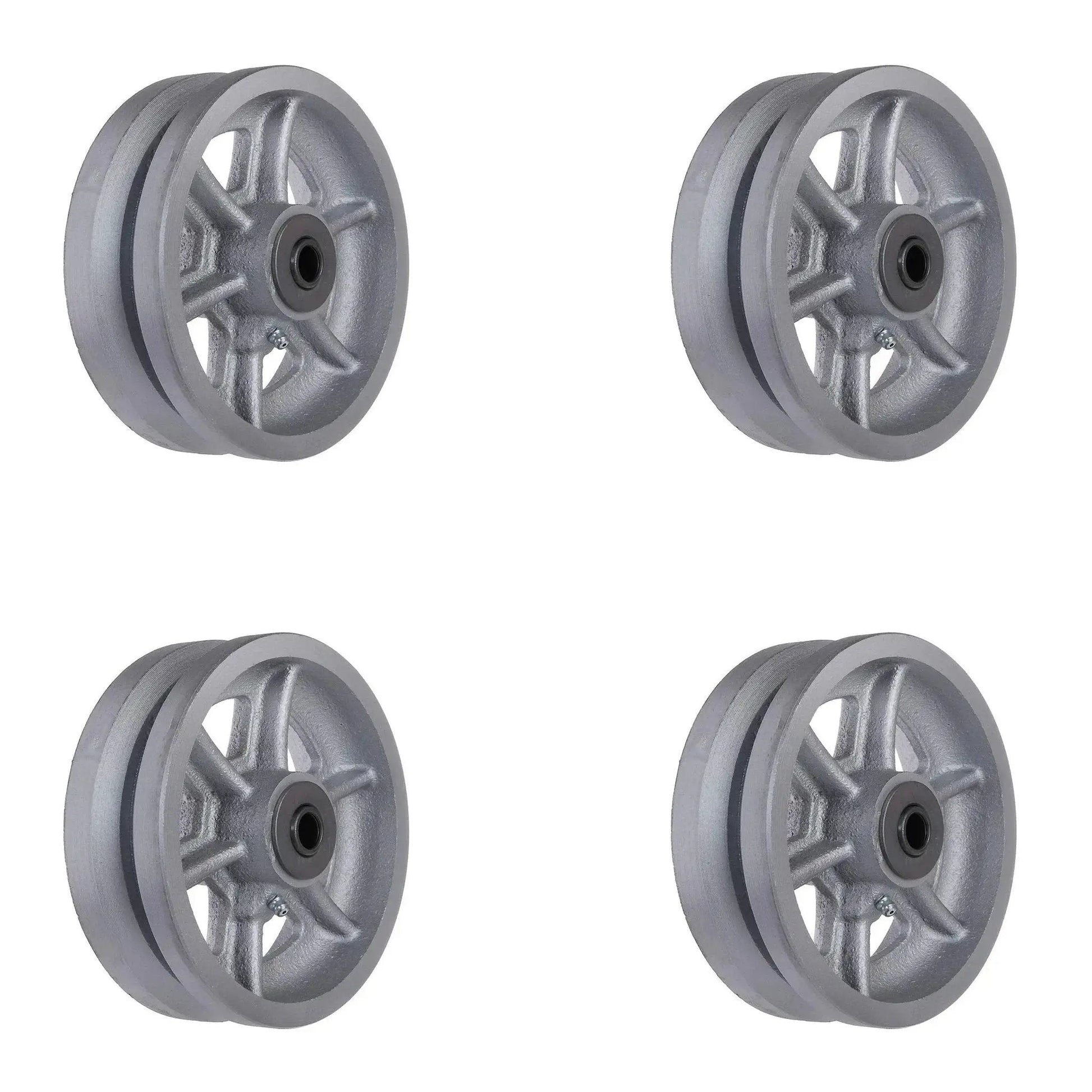 Built To Haul Heavy Duty 6 Inch Cast Iron V Groove Caster Wheels With Straight Roller Bearings, 2 Inch Wide, 1/2 Inch Axle, Pack Of 4