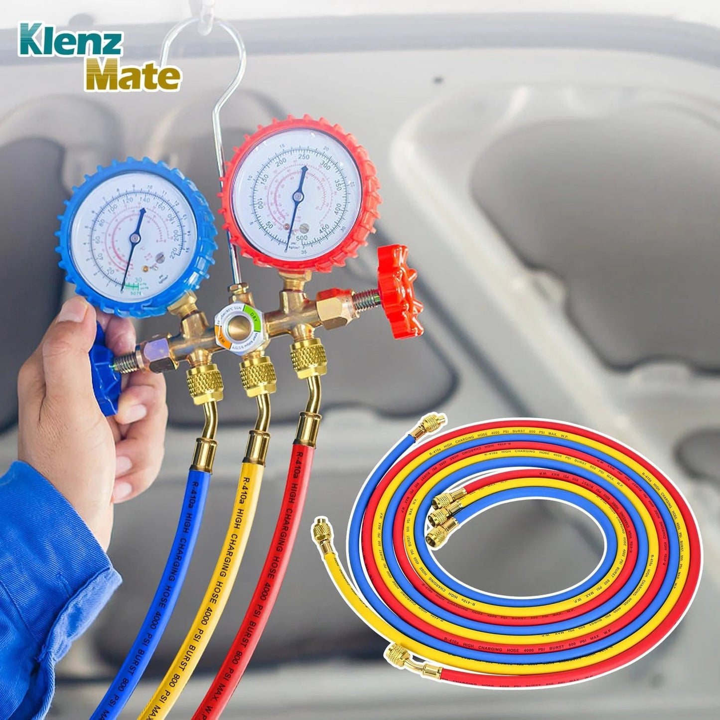 Heavy Duty Refrigerant Charging Hose Set With Color Coded Hoses In Yellow Red And Blue, 96 Inch Long, Standard One Quarter Inch Flare Fittings On Both Ends, Compatible With R410A R134A R22 And Most Common Refrigerants For Fast Recovery And Evacuation.