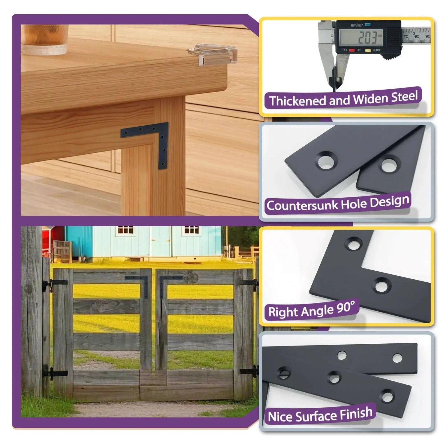 Flat L Brackets For Wood 120x120mm Stainless Steel Corner Braces with Matte Black Finish, use on wood frames and furniture, pack of 8