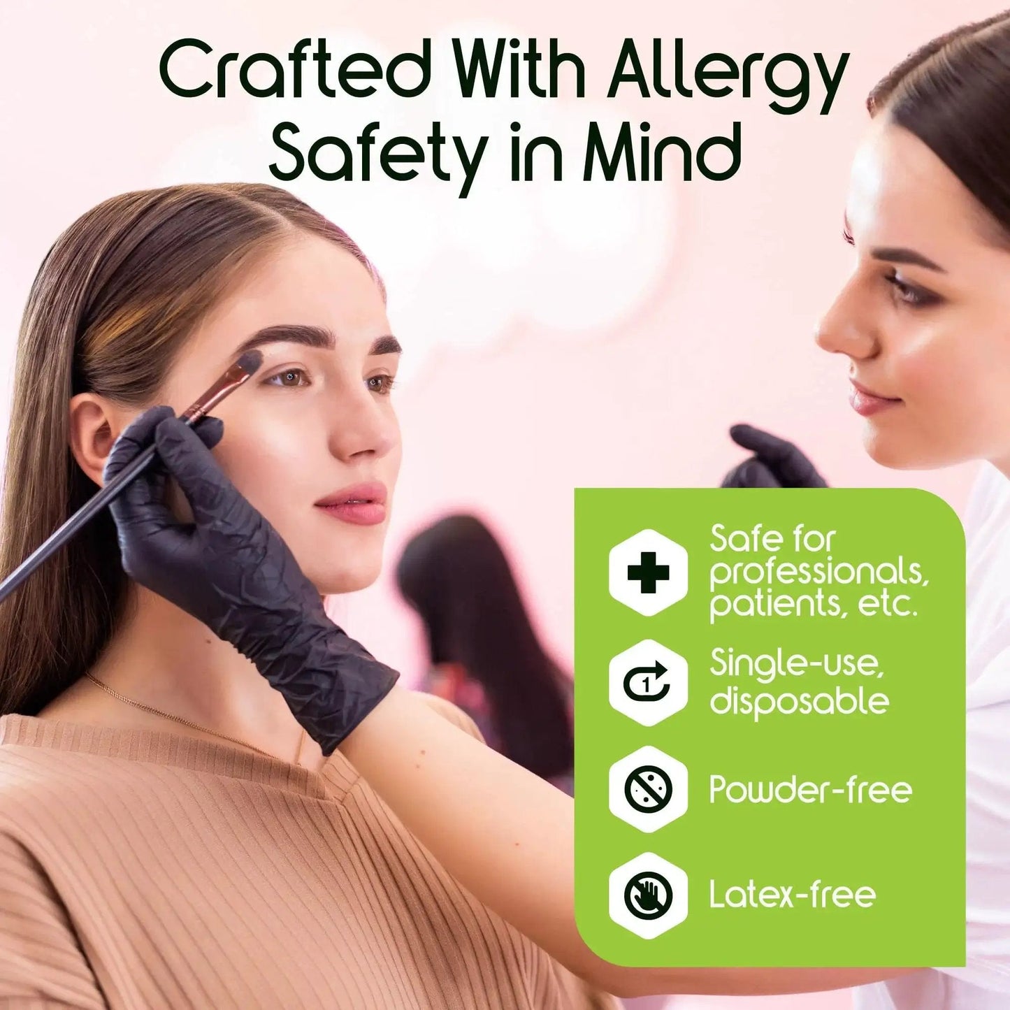 Black Nitrile Gloves Disposable Latex Free 4.5 Mil Medium used in makeup application with allergy safety features