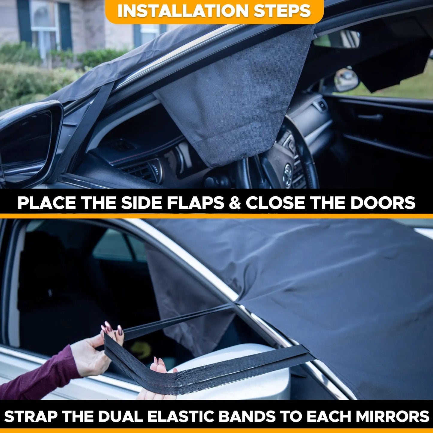 Installation steps for Windshield Cover for Ice and Snow, Heavy Duty 600D Oxford Fabric, Waterproof Frost Shield for Cars SUVs Trucks.
