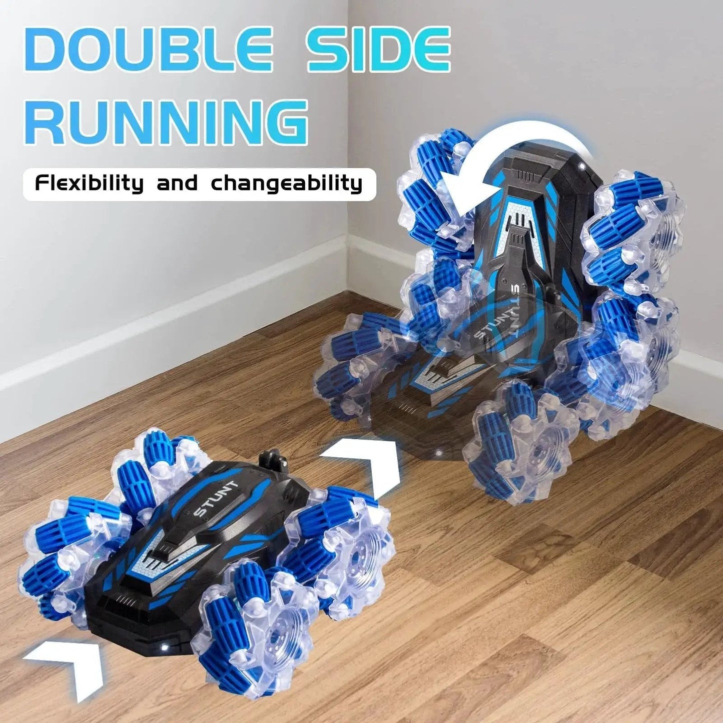 Gesture Sensing 4WD RC Stunt Car With 360 Degree Double Sided Flips displayed in corner showing flexibility on hardwood floor