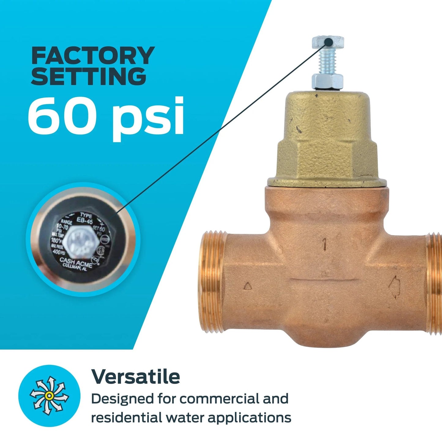 Direct Adjust Water Pressure Regulator Valve 1 Inch NPT Threaded With Metal Top 60 PSI Setting For Reliable Home And Commercial Water Lines PVA20MDTH60 Cash Acme product image