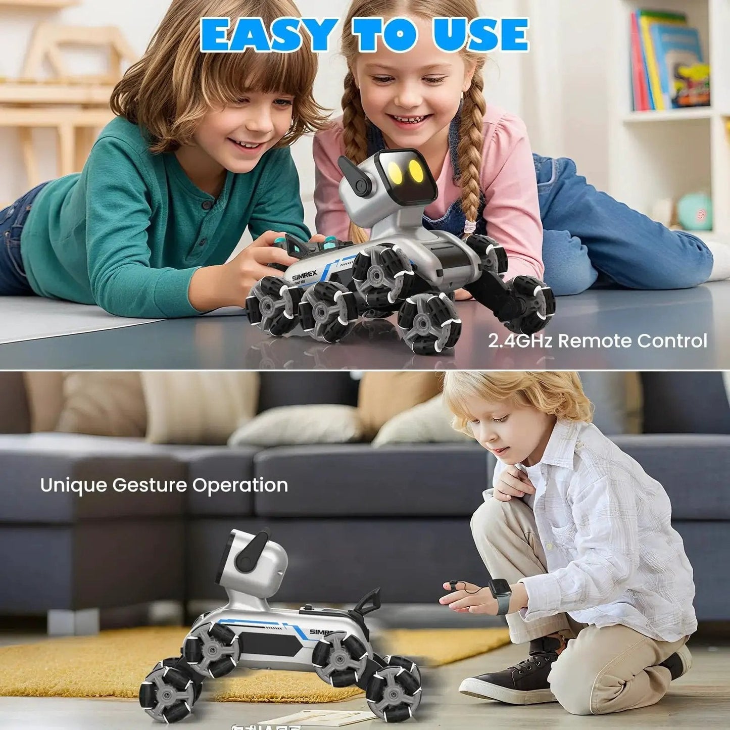 Children playing with Dynamic Eight Wheel Robot Dog RC Stunt Car with gesture sensing remote, showing Mecanum wheels and RGB LED eyes.