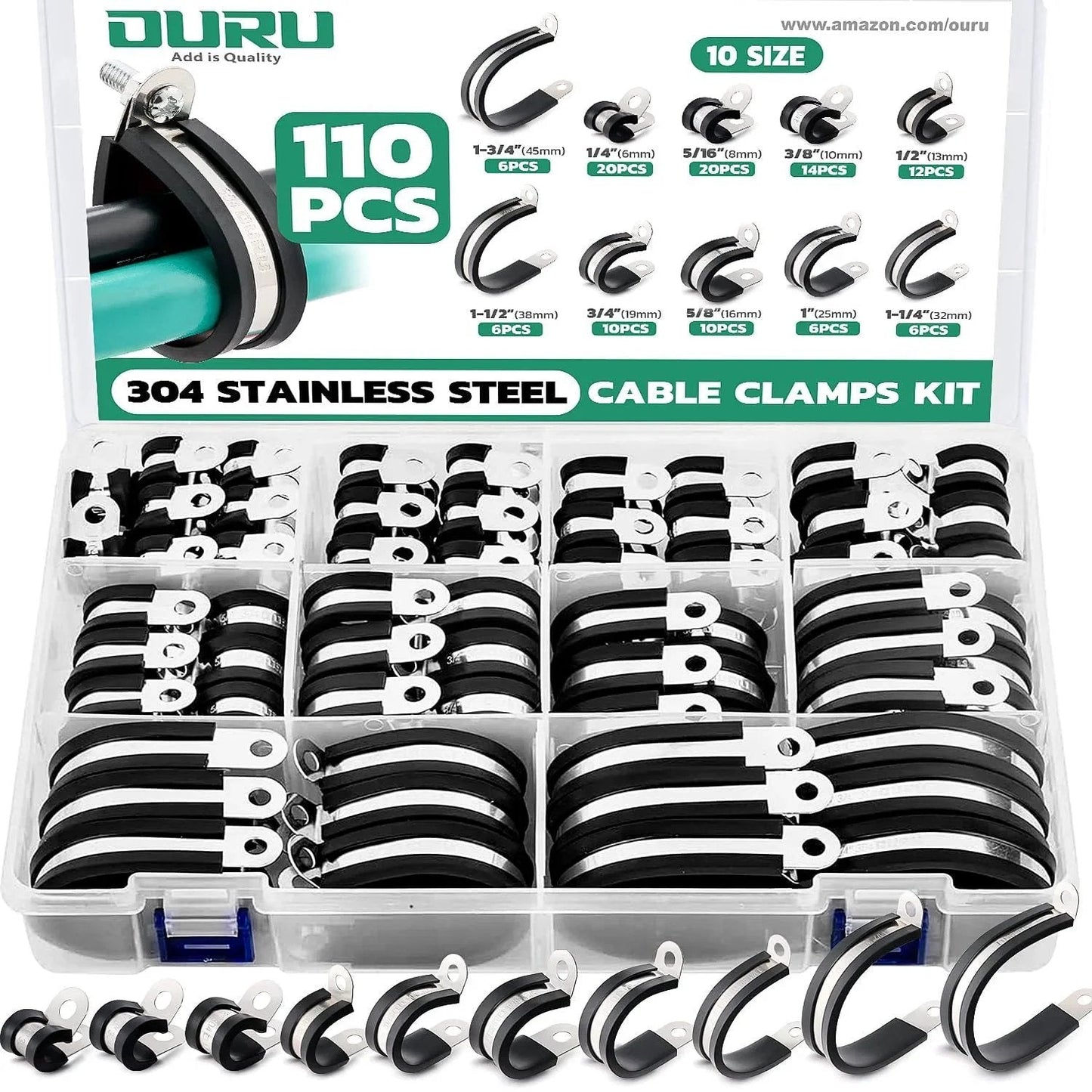 110 Piece Stainless Steel Cable Clamps Set With 10 Sizes From One Quarter Inch To One And Three Quarters Inch Cushioned Rubber Coated Insulated Clamps For Automotive Wiring Pipe And Home Projects DIY Friendly OURU
