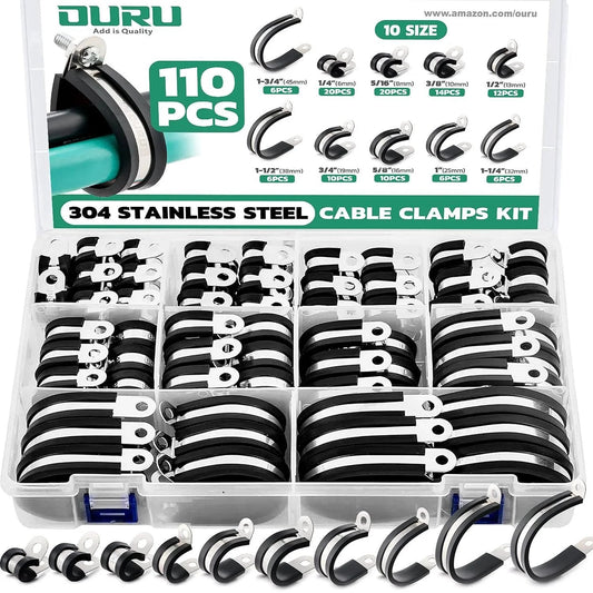 110 Piece Stainless Steel Cable Clamps Set With 10 Sizes From One Quarter Inch To One And Three Quarters Inch Cushioned Rubber Coated Insulated Clamps For Automotive Wiring Pipe And Home Projects DIY Friendly OURU