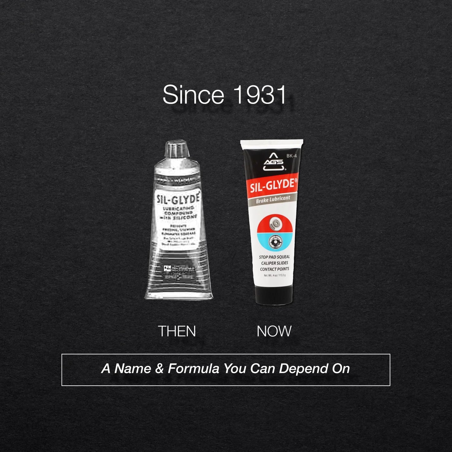 Disc Brake Squeal Eliminator With Silicone Based Brake Lubricant For Full Assembly Keeps Noise Down While Shielding Components From Moisture Heat And Rust AGS Sil Glyde 4 Oz Tube, product comparison of vintage and modern packaging
