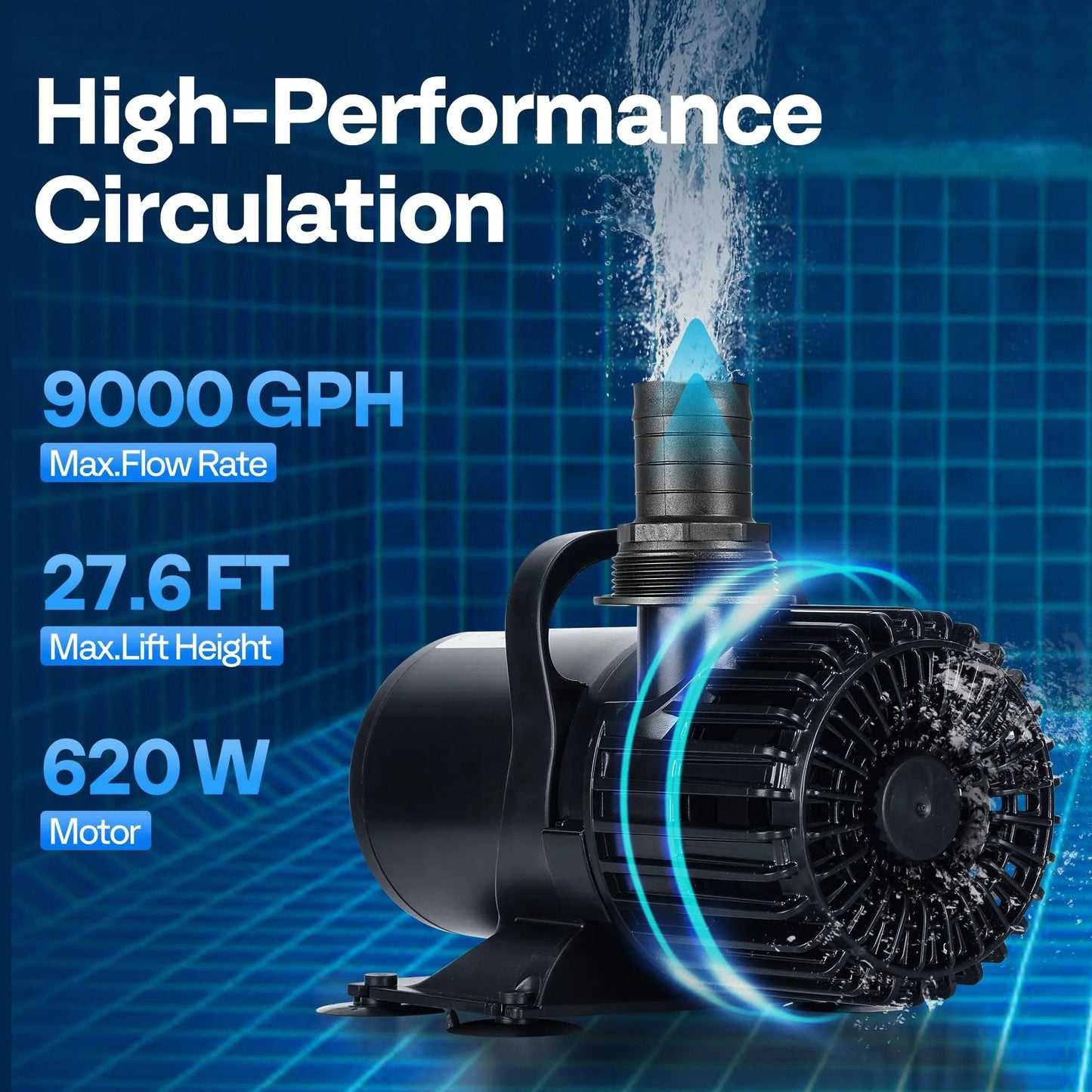Powerful Workhorse Submersible Water Pump 620W 9000 GPH for koi ponds, pools, waterfalls, fountains with 27.6 ft lift
