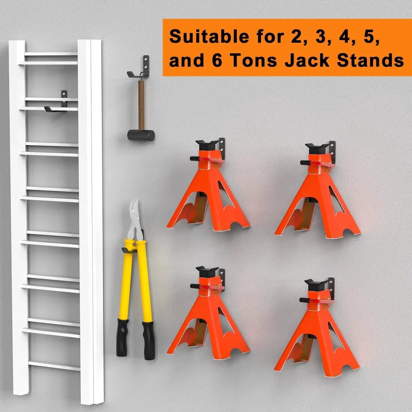 Jack Stands Wall Mount Organizer For Heavy Duty Garage Hooks Fits 2 To 6 Ton with four jack stands and tools on wall