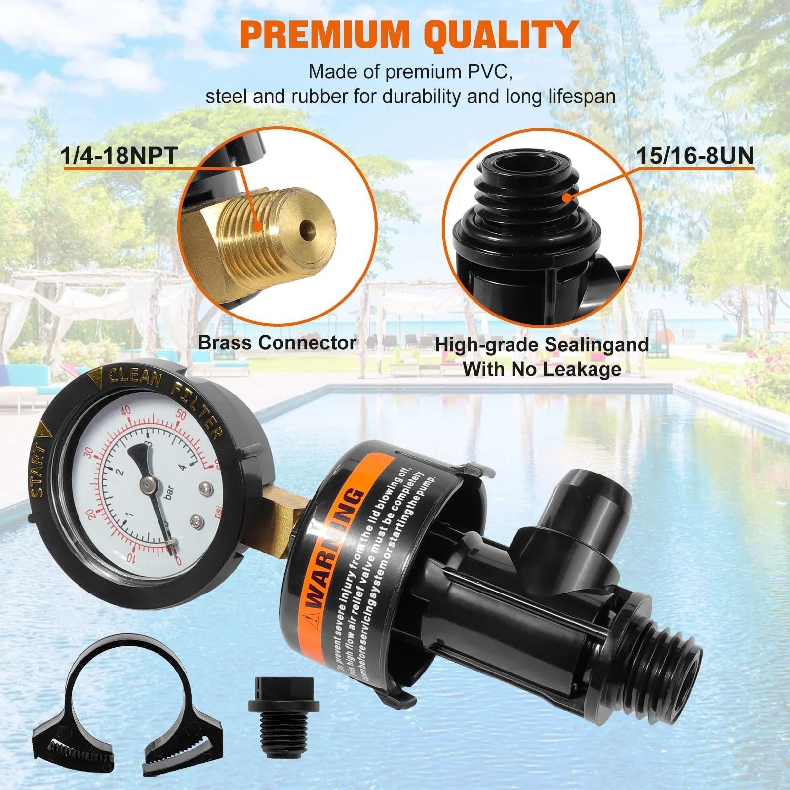 Close-up of Manual Air Relief Valve Assembly With Pool Filter Pressure Gauge for Easy No Fuss Install And Long Life Compatible With Pentair Air Relief Valves.