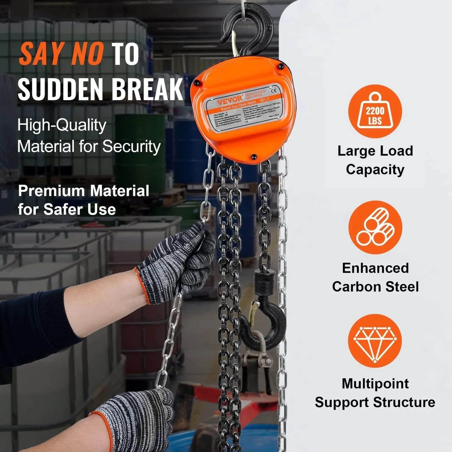 1 Ton Hand Chain Hoist 20 Ft Lift 2200 Lbs G80 Galvanized Chain with large load capacity and enhanced carbon steel