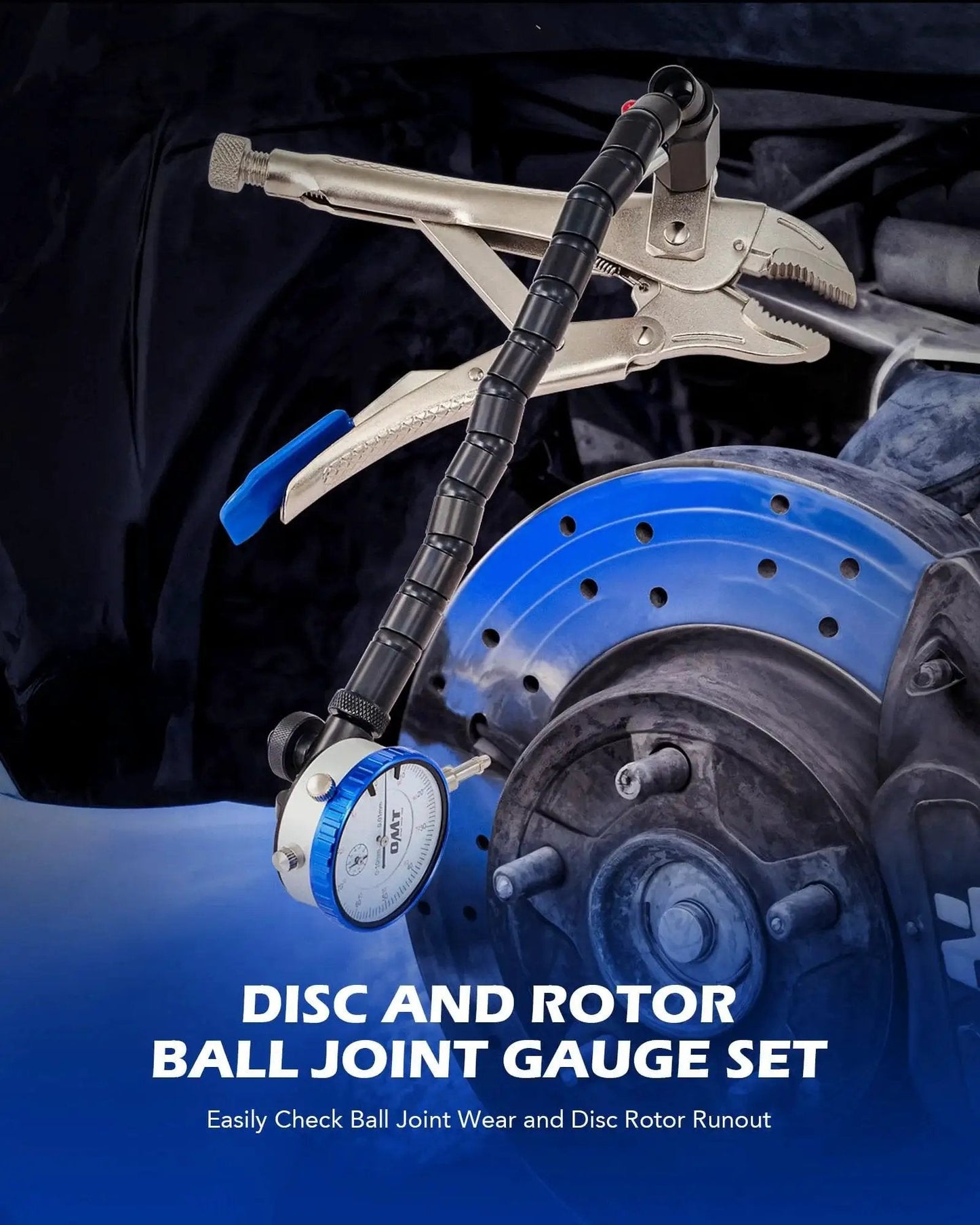 Precision Pro Grade Automotive Dial Gauge Kit For Brake Runout And Ball Joint Wear With 7 Inch Locking Pliers on brake disc
