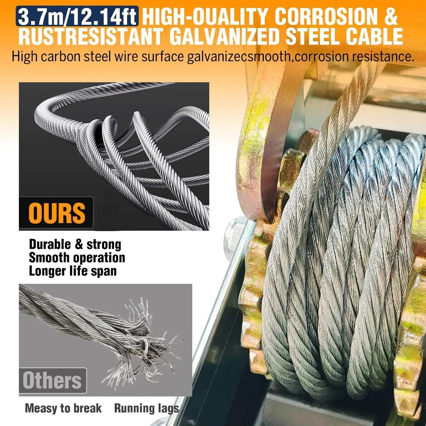 Close-up of 12ft cable on 5 Ton Come Along Winch With Dual Gear Ratchet For Vehicle Recovery showing galvanized steel wire.