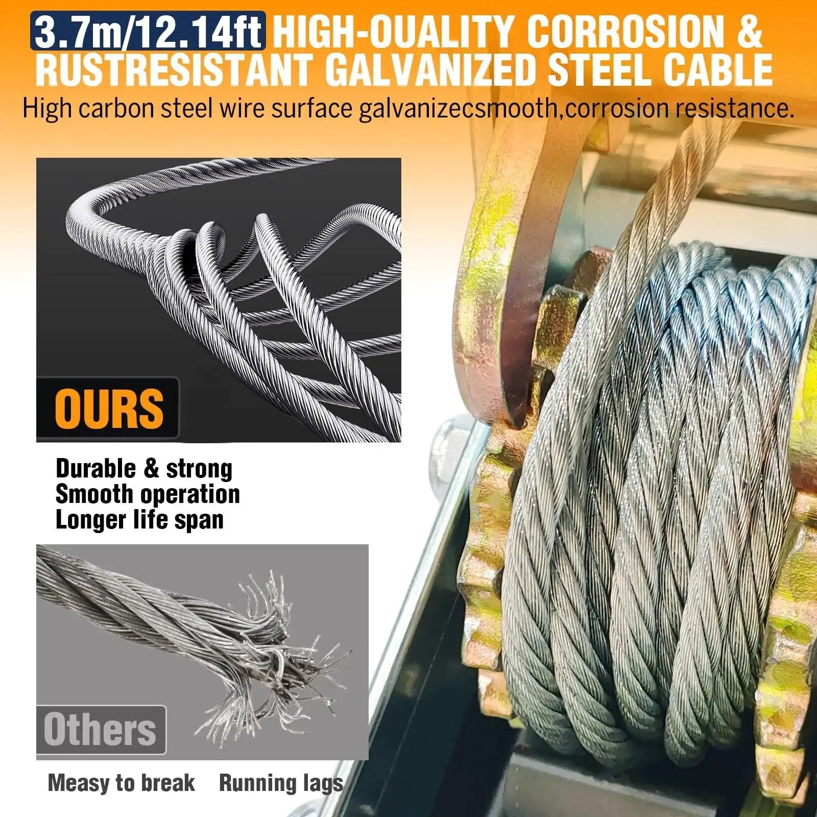 Close-up of 12ft cable on 5 Ton Come Along Winch With Dual Gear Ratchet For Vehicle Recovery showing galvanized steel wire.