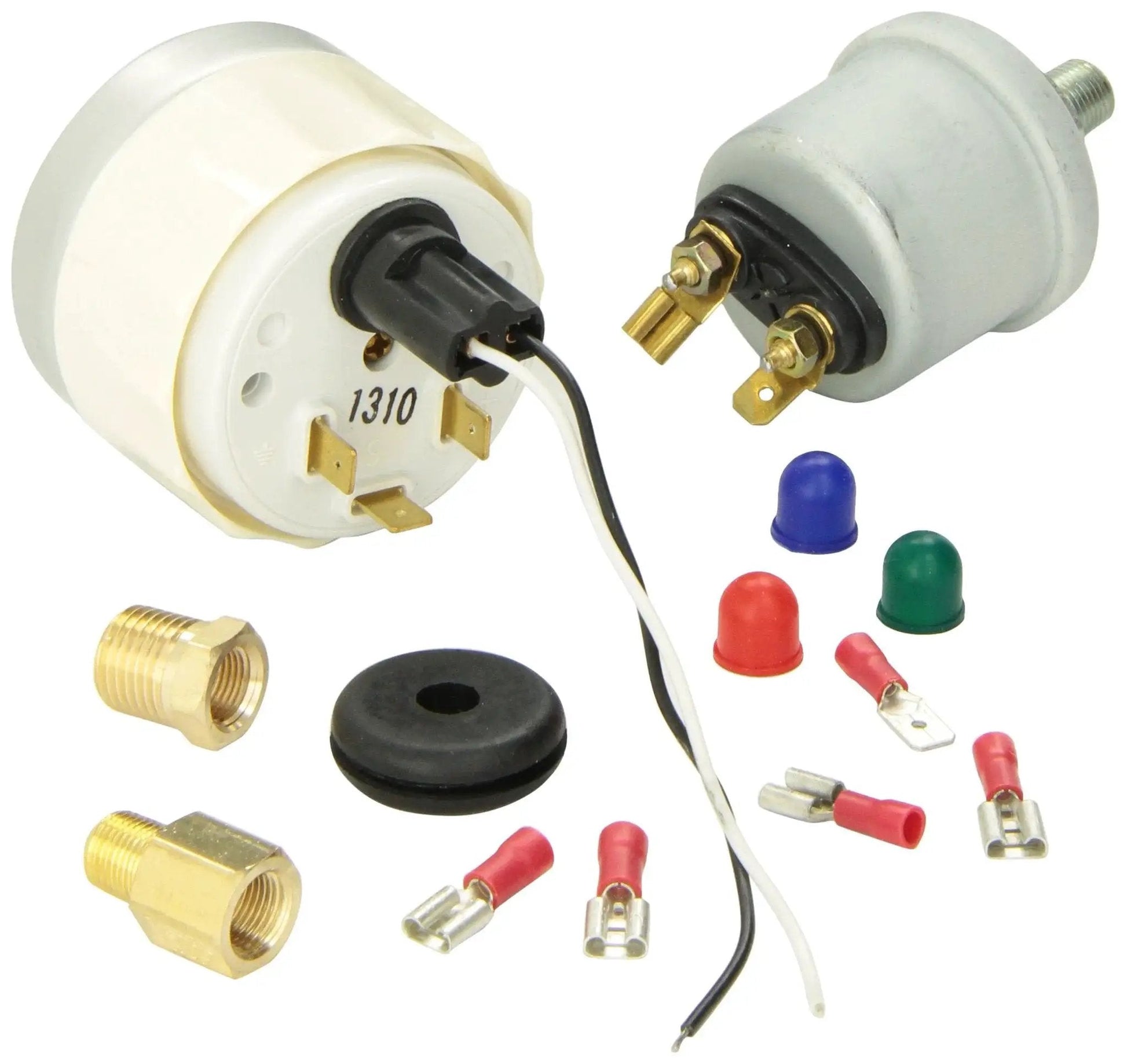 2 Inch Electric Oil Pressure Gauge With Multi Color Back Light For Car And Truck showing rear view, connectors, and adapters