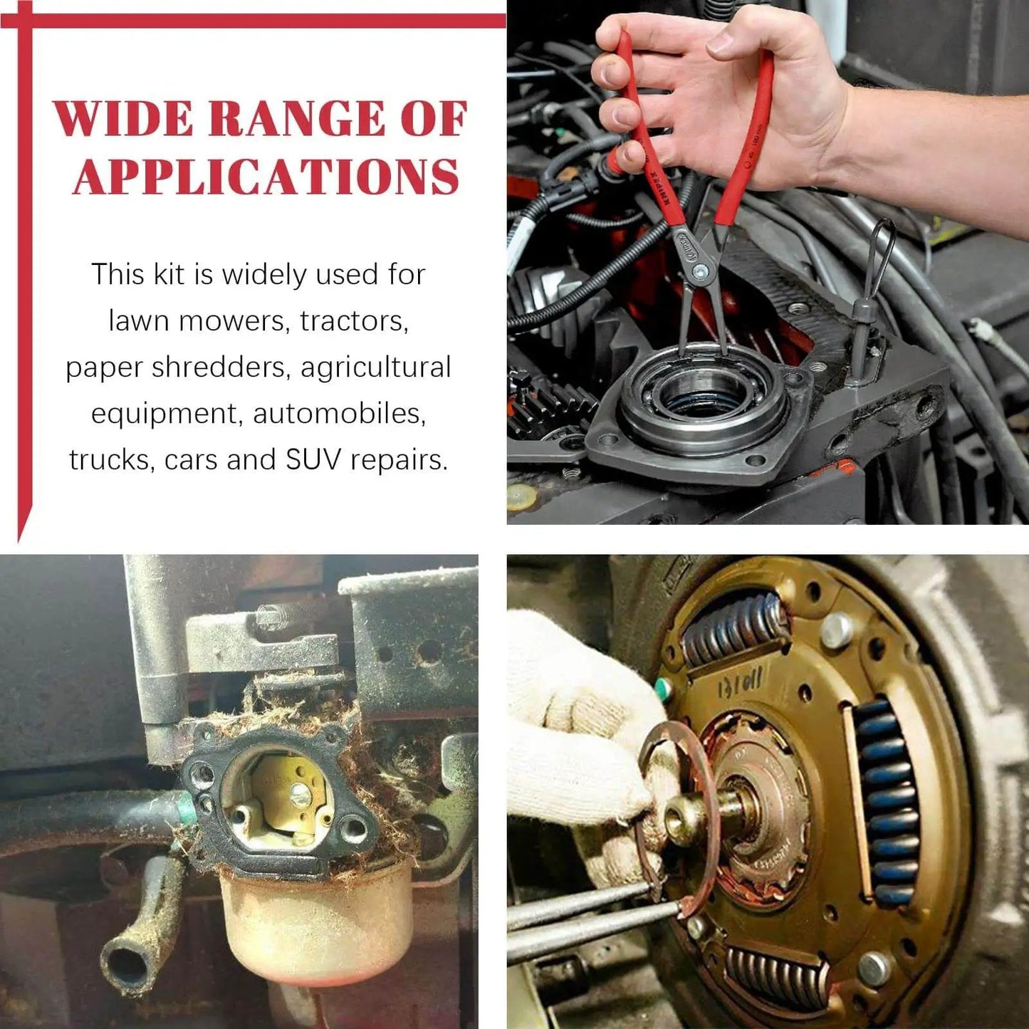 Wide range of applications using Pro Grade Alloy Steel External And Internal Retaining Ring Set 261 Pcs with pliers and wrist pin clips.