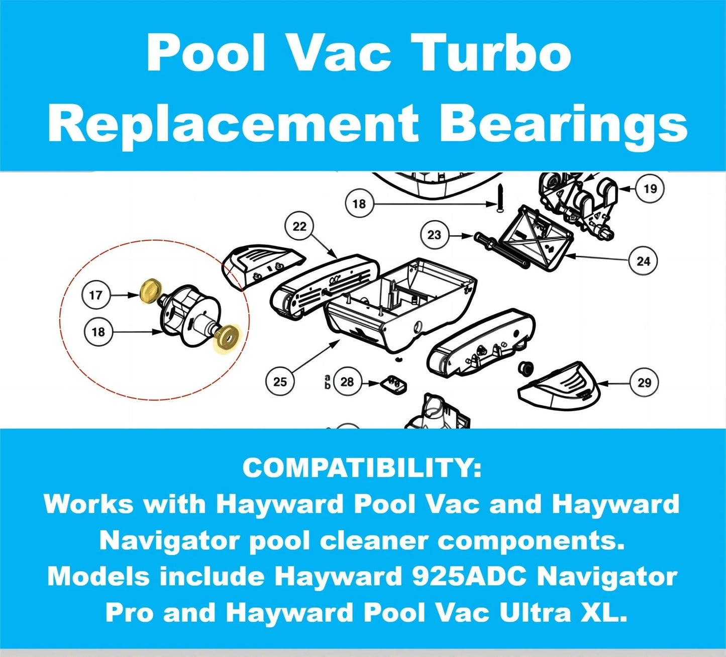 Diagram of Hayward Pool Vac Turbo Replacement Bearings, compatible with Navigator and Pool Vac Ultra XL models