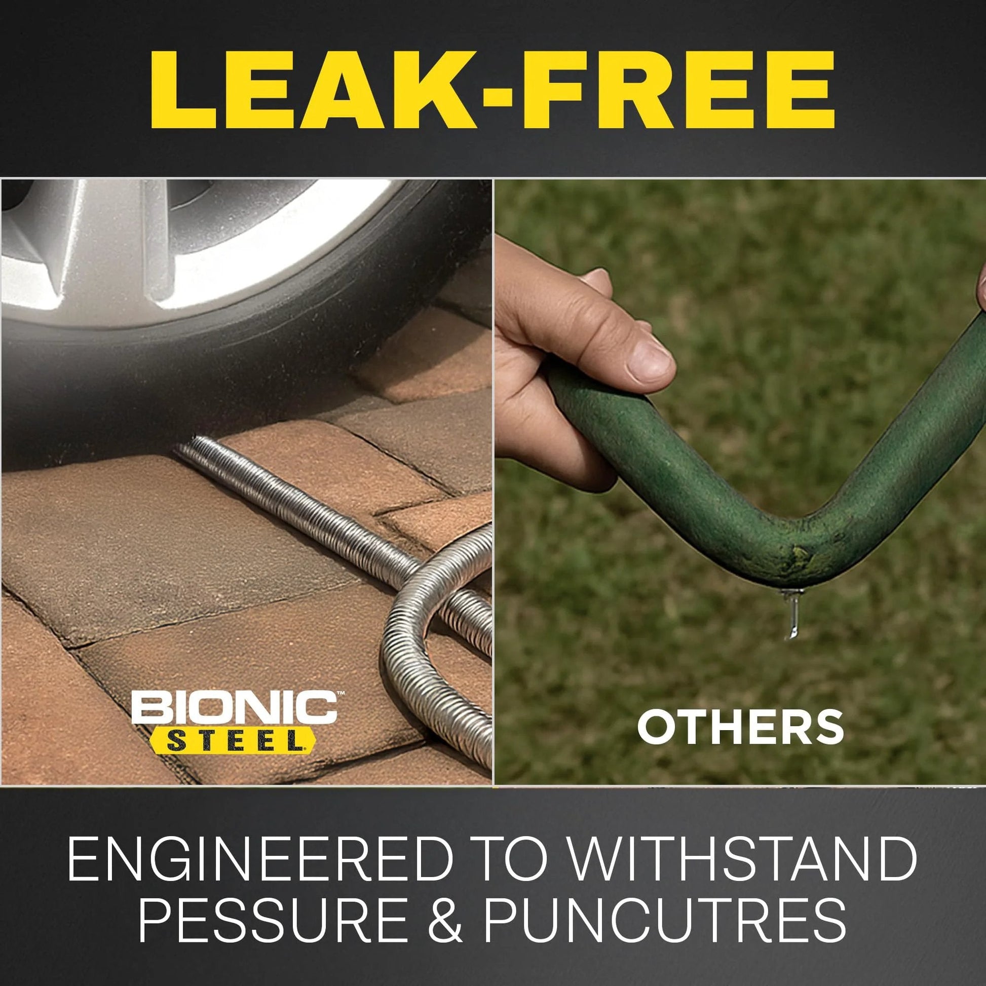 Comparison of Bionic Steel heavy duty 10 ft hose extensions with a flexible hose resisting punctures and kinks.