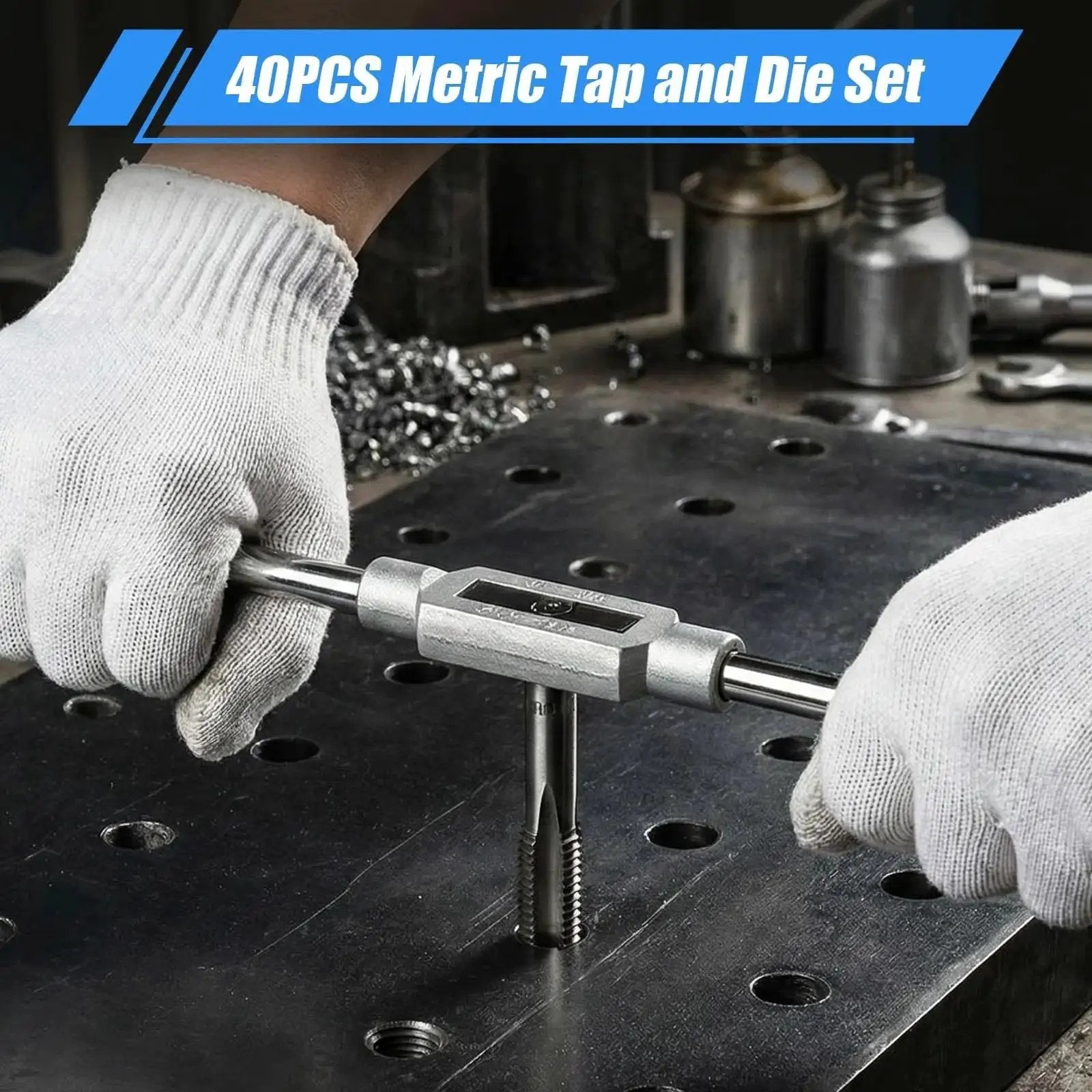 Person using a tap handle from Premium 40 Piece Metric Tap And Die Set For M3 To M12 Taps And Dies With Full Threading Kit.