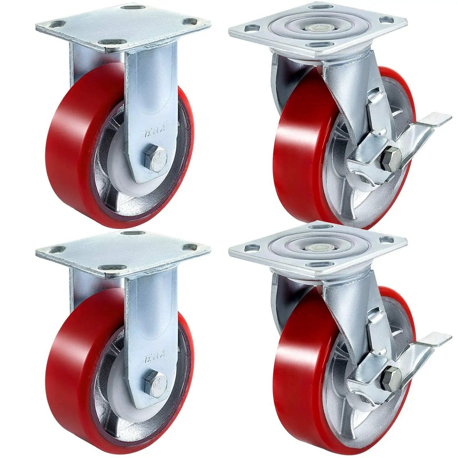 6 Inch Heavy Duty Caster Wheels Set Of 4 With 2 Rigid And 2 Swivel Casters And Side Brake Durable Polyurethane Wheels On Iron Core Plate