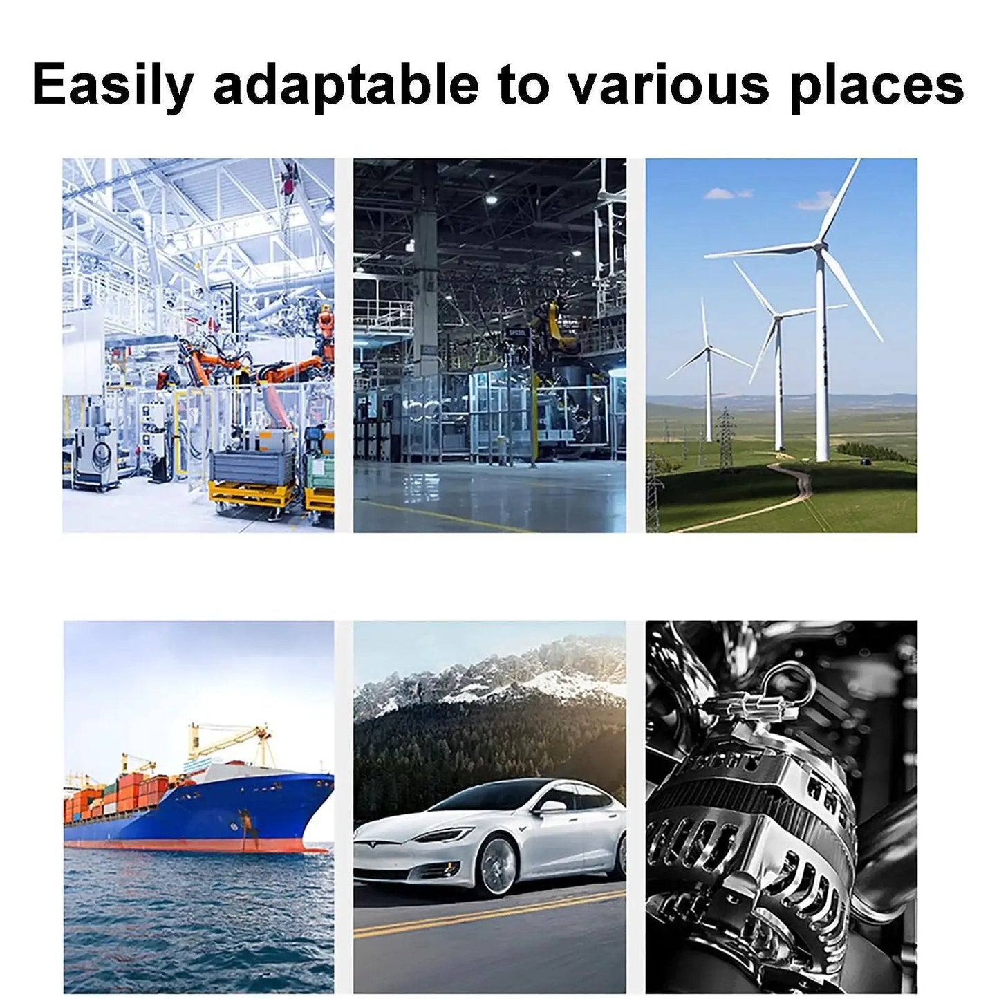 Collage showcasing adaptability of technology in factories, wind farms, shipping, automotive, and energy sectors.