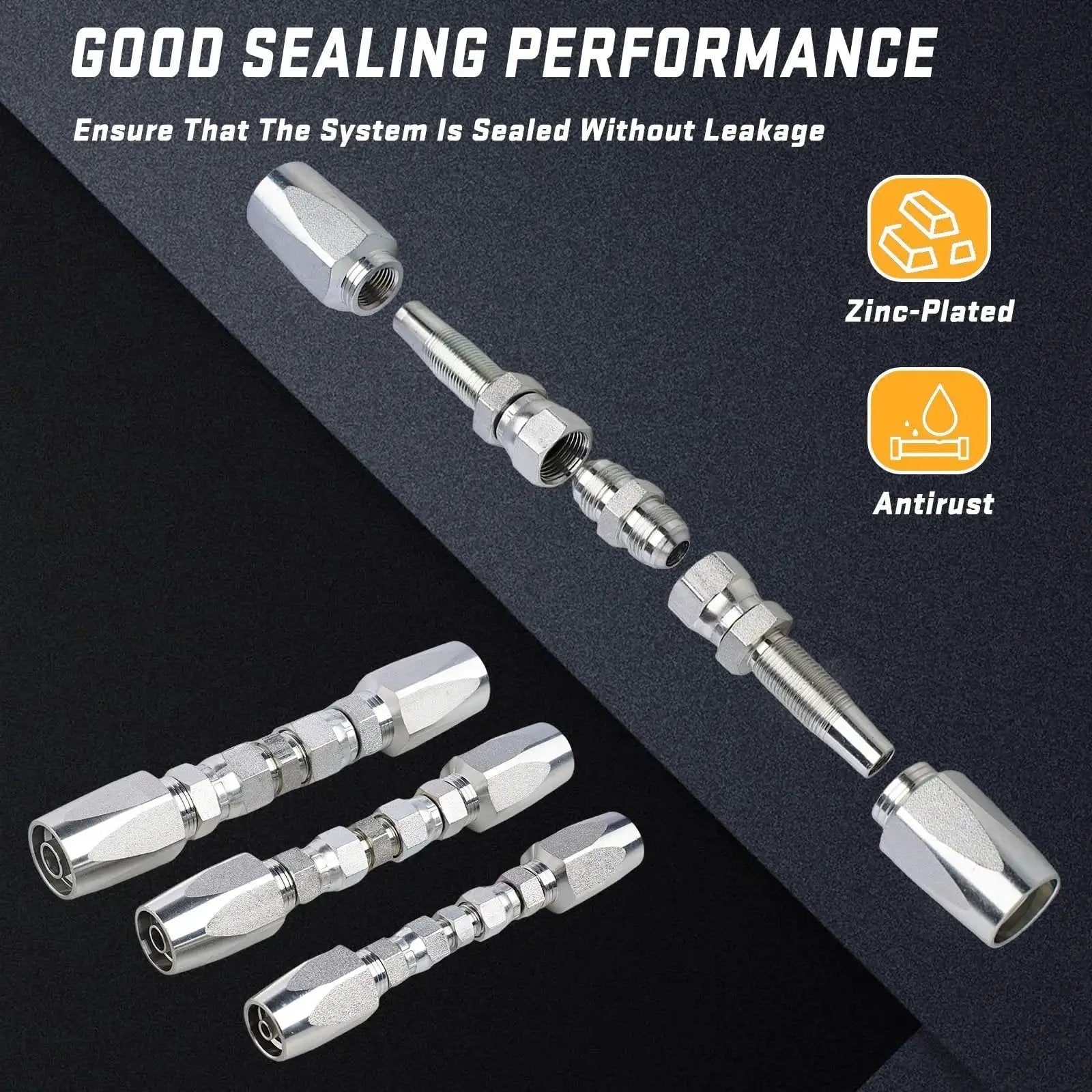 Professional Hydraulic Hose Field Repair Kit with 3 Reusable Fittings in 1/4, 3/8, and 1/2 Inch ID with reverse threaded ferrules