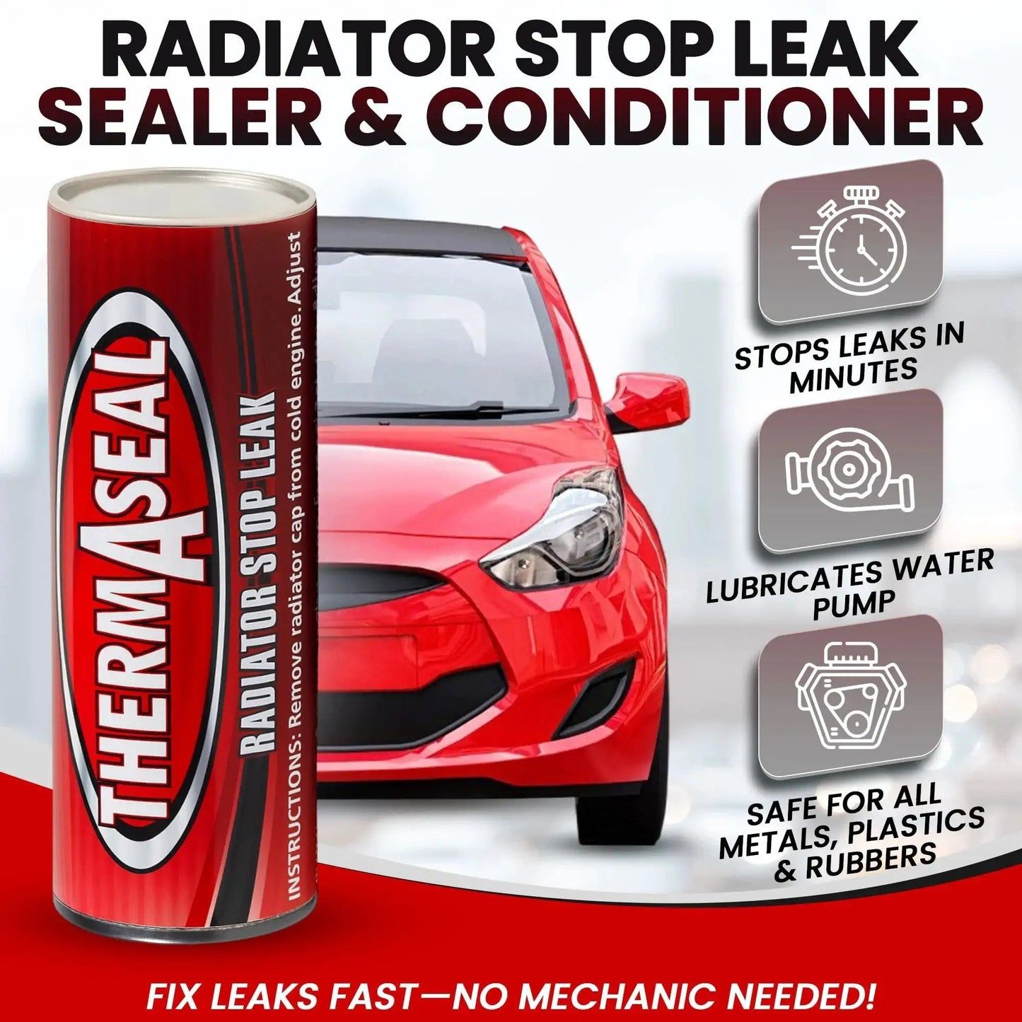 Fast Acting Radiator Stop Leak And Cooling System Sealer Conditioner 20G Tube next to red car, emphasizing leak prevention.