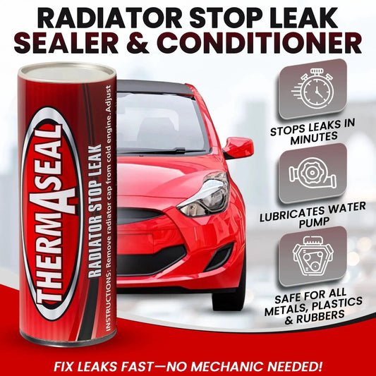 Fast Acting Radiator Stop Leak And Cooling System Sealer Conditioner 20G Tube next to red car, emphasizing leak prevention.