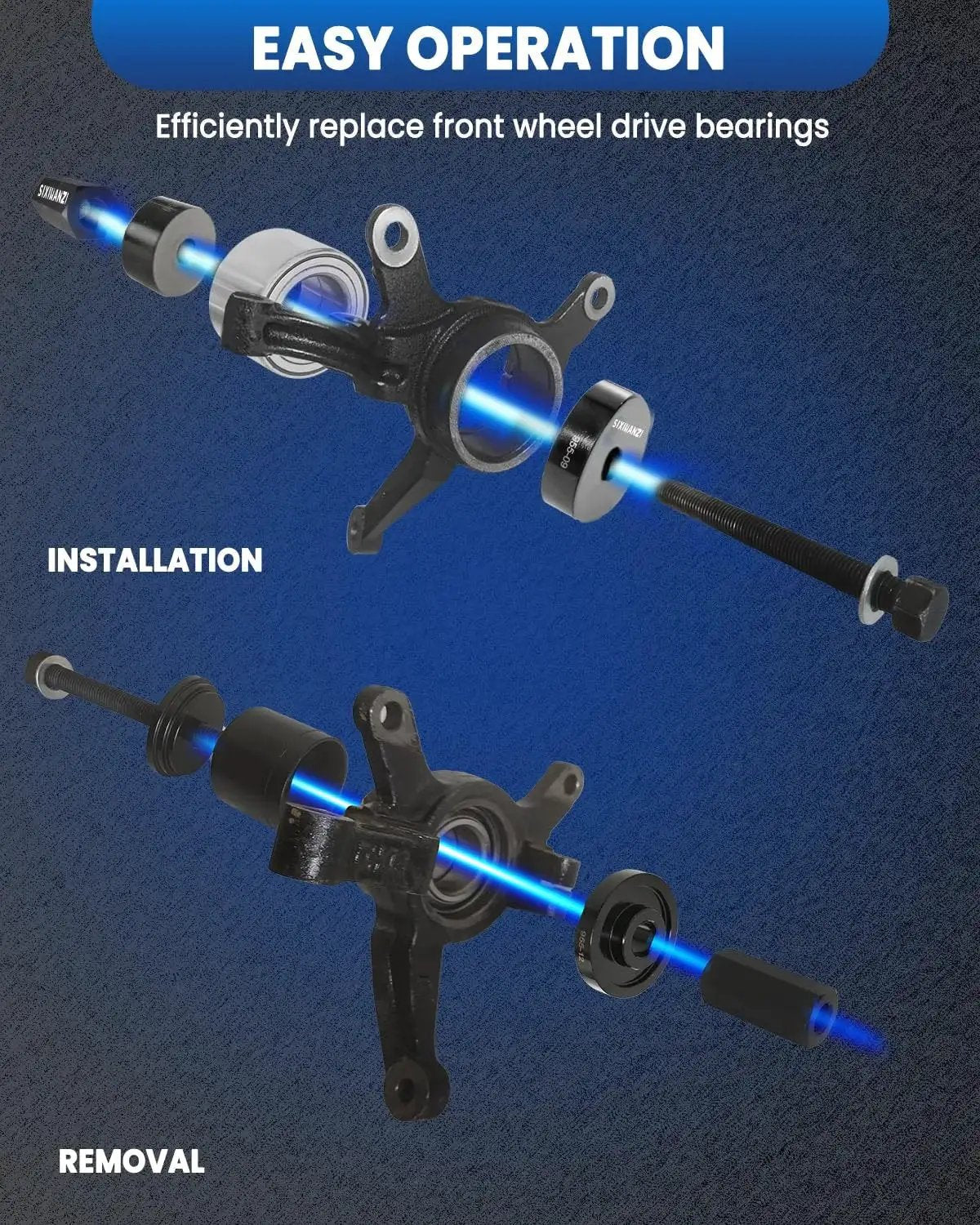 Installation and removal process of 24 Piece Wheel Bearing Press Kit for Easy Front Wheel Bearing Removal and Installation, Front Wheel Drive Compatible