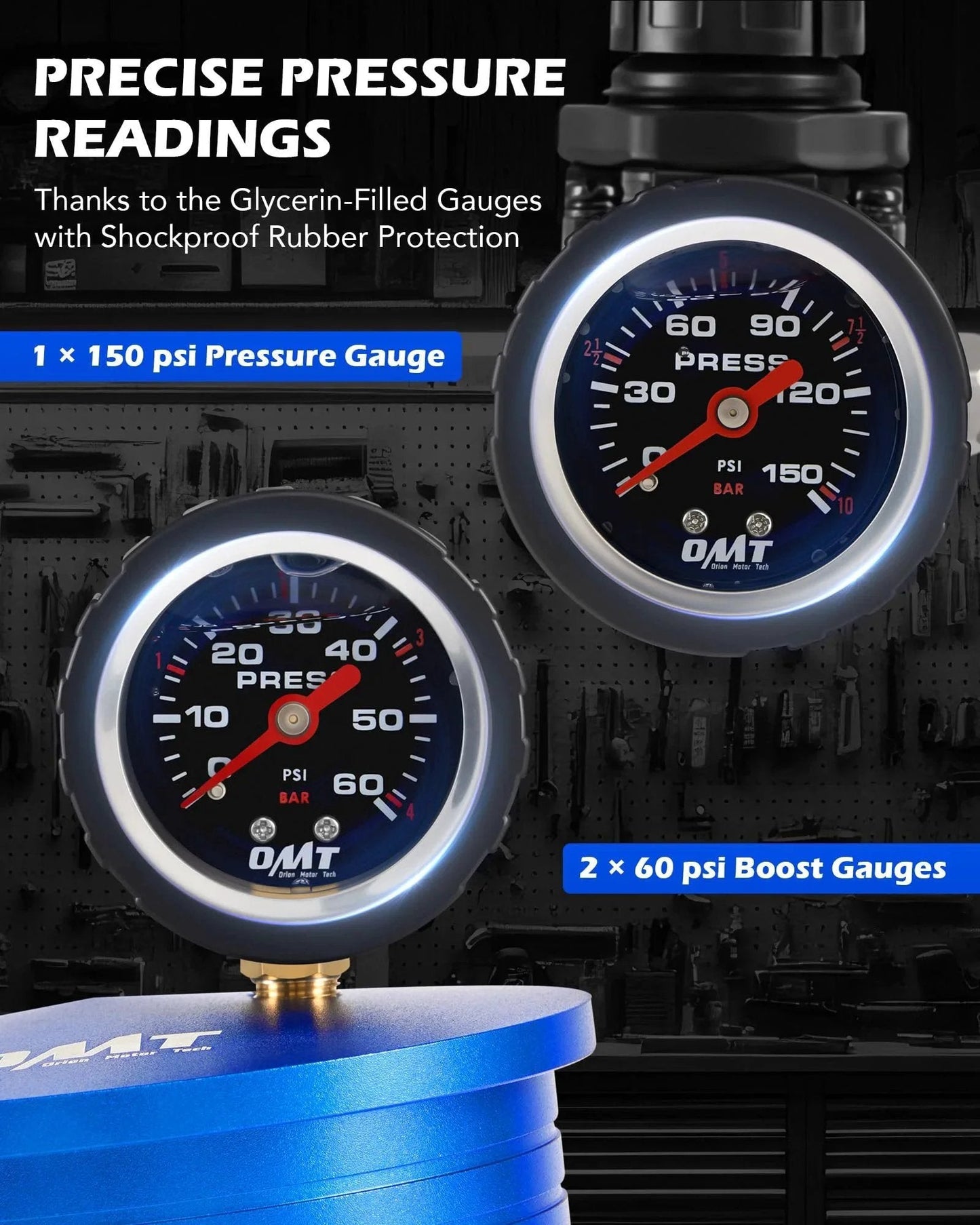Close-up of glycerin-filled pressure gauges on the Turbo System Leak Tester For Trucks with CAC Boost by Orion Motor Tech.