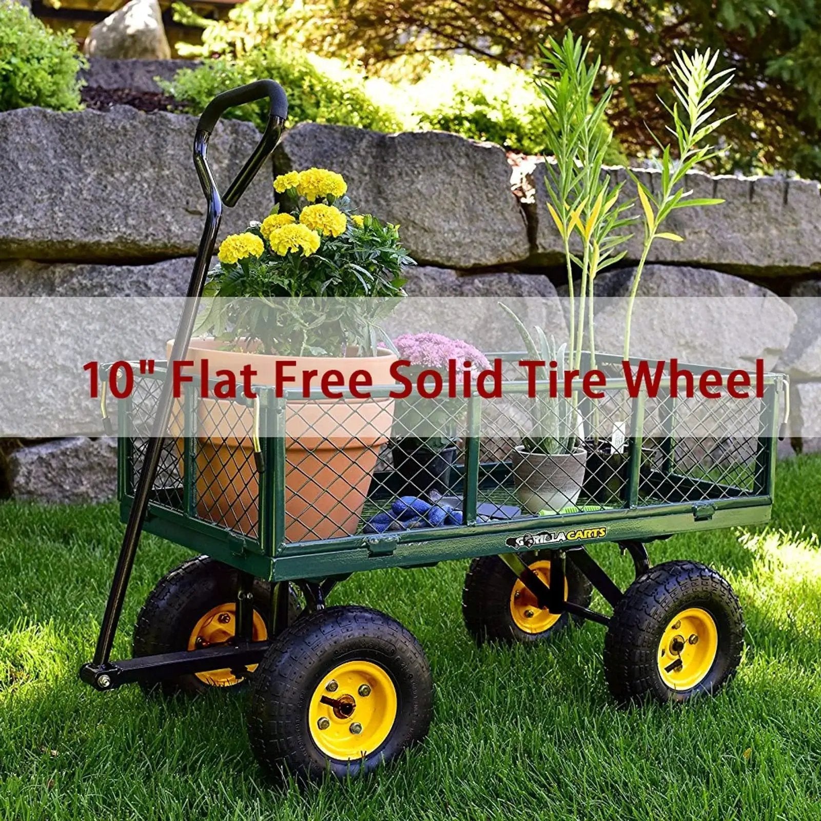 Garden cart with 10 Inch Solid Rubber Wheel Replacement With 5/8 Inch Bearings And 2.1 Inch Offset Hub, carrying potted plants