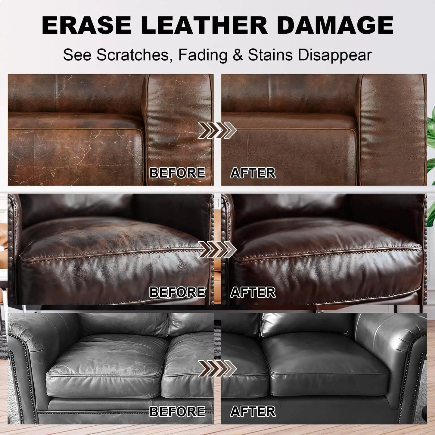 Dark Brown Leather Recoloring Balm For Furniture Repair And Restoration Startso World Leather Dye And Color Restorer For Couches, before and after images of leather couches.