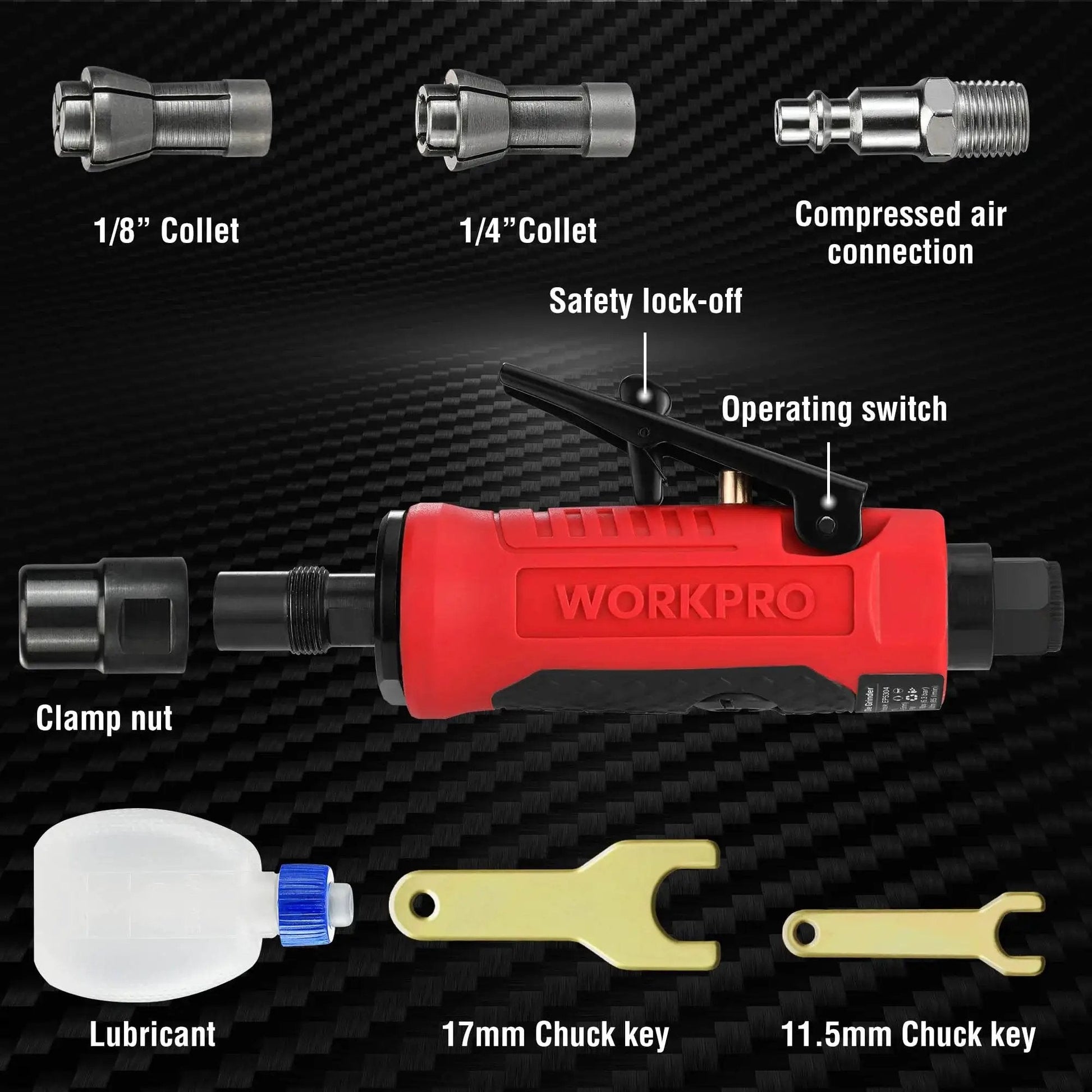 Powerful One Quarter Inch Pneumatic Straight Die Grinder With 25,000 RPM, includes one quarter inch and one eighth inch collets