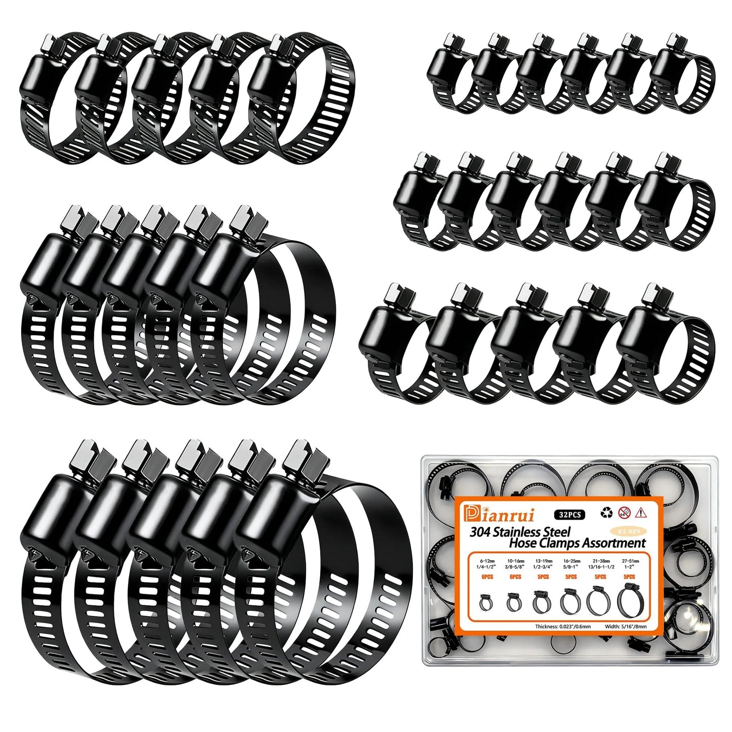 32-Piece Black Stainless Steel Worm Gear Hose Clamp Set For One Quarter To Two Inches Hoses, Heavy-Duty 304 Stainless Steel Locks, Ideal For Fuel Lines, Plumbing, Intercooler, Automotive And Marine Applications