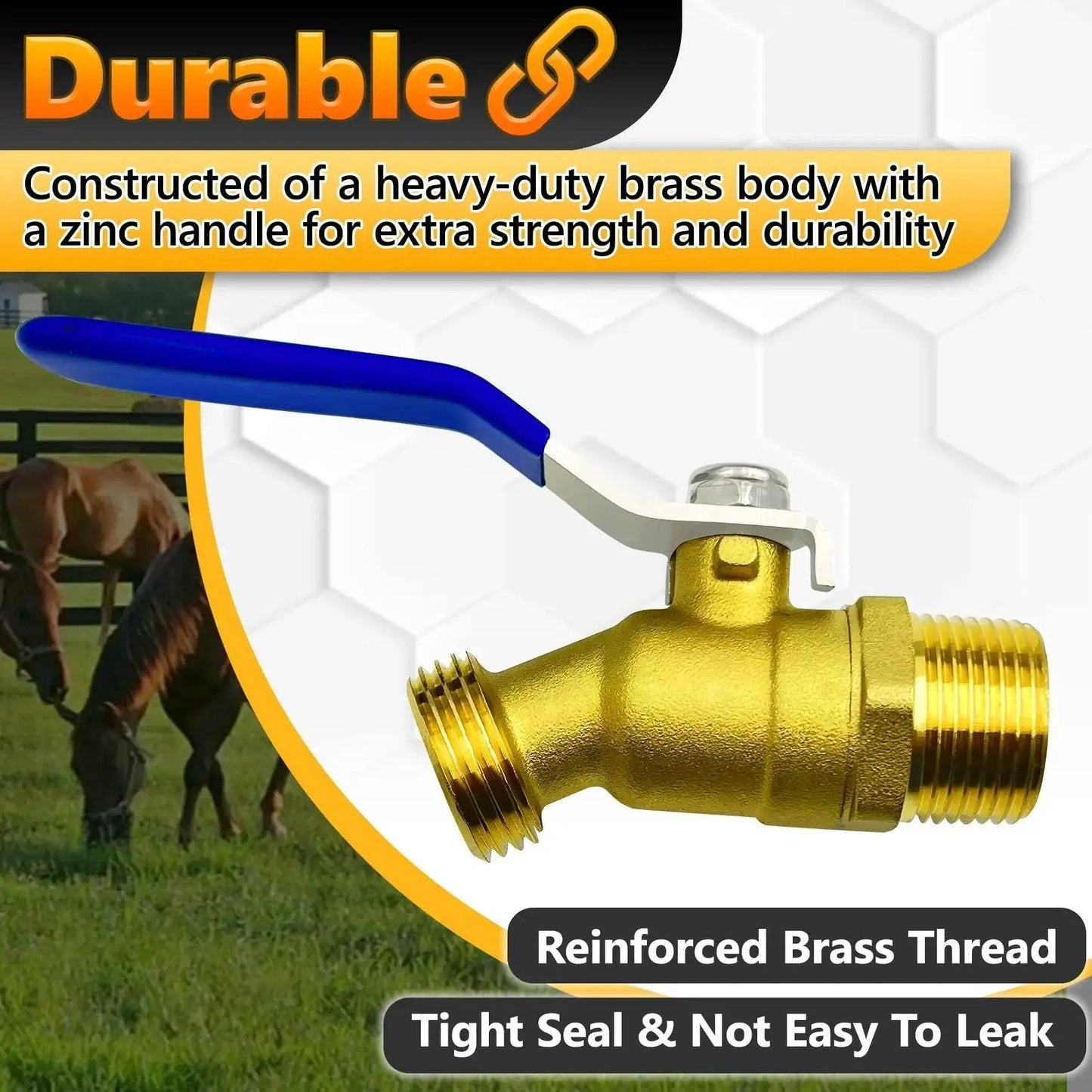 Stock Tank Drain Plug Kit Fits 50 70 100 150 300 Gallon Rubbermaid Stock Tanks With One And One Quarter Inch By Three Quarter Inch Pipe Reducer And Three Quarter Inch Brass Faucet Includes Hex Bushing Easy Install Five Years Free showing brass faucet with blue handle