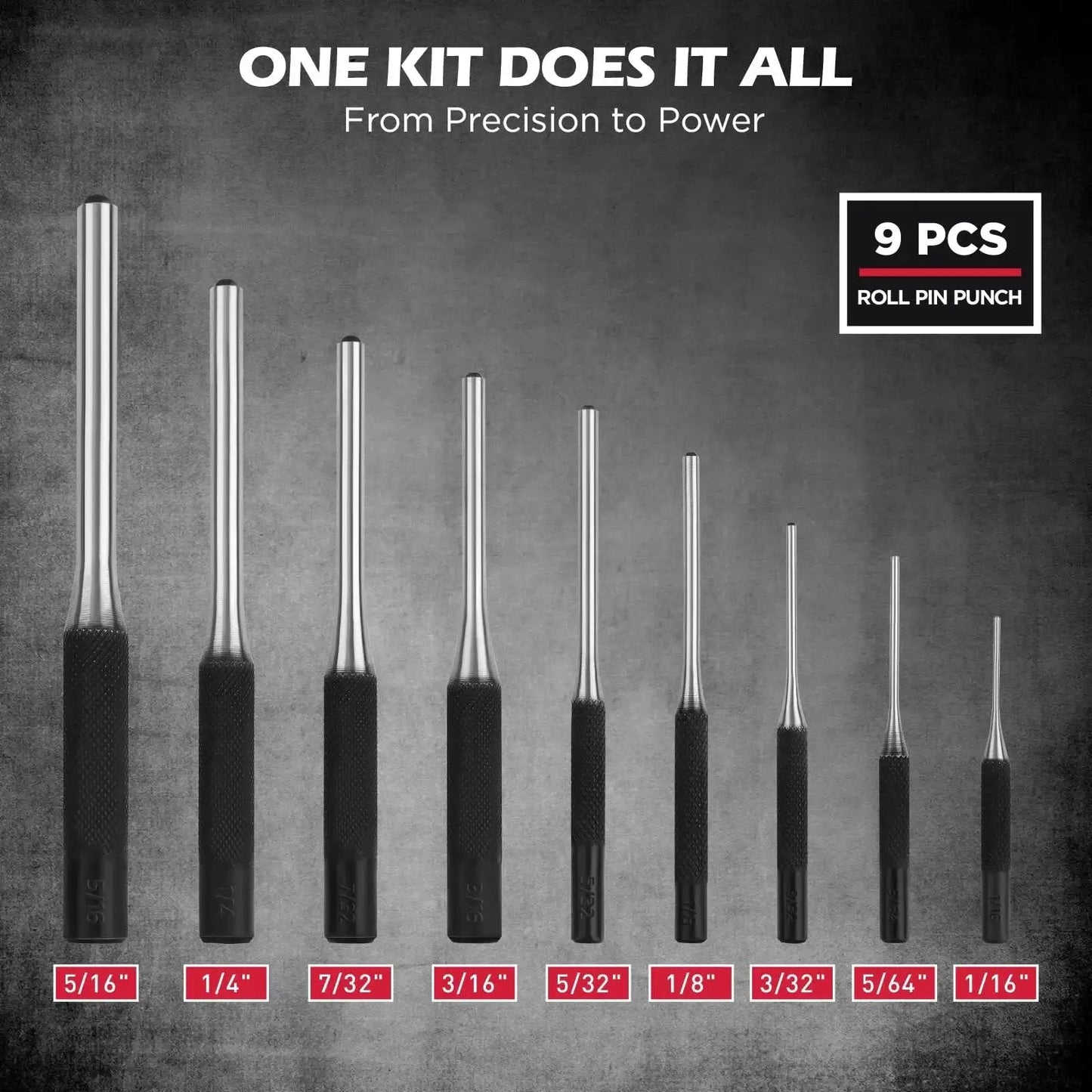 9 piece roll pin punch subset from 25 Piece Punch And Chisel Set With Roll Pin Punches Including Taper Punches Pin Punches Center Punches And Cold Chisels For Metalworking Automotive Woodworking And DIY Projects Built From Heat Treated Chrome Vanadium For Lasting Sharpness And Durability