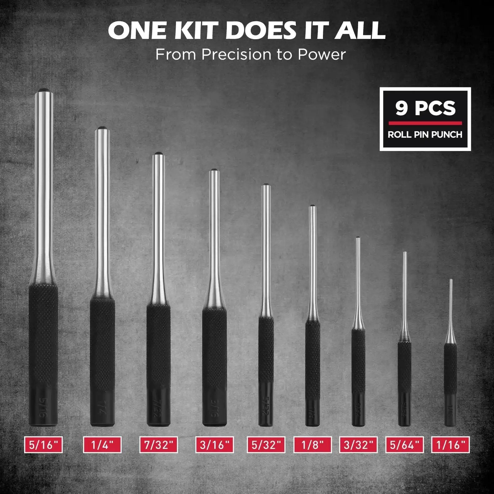 9 piece roll pin punch subset from 25 Piece Punch And Chisel Set With Roll Pin Punches Including Taper Punches Pin Punches Center Punches And Cold Chisels For Metalworking Automotive Woodworking And DIY Projects Built From Heat Treated Chrome Vanadium For Lasting Sharpness And Durability