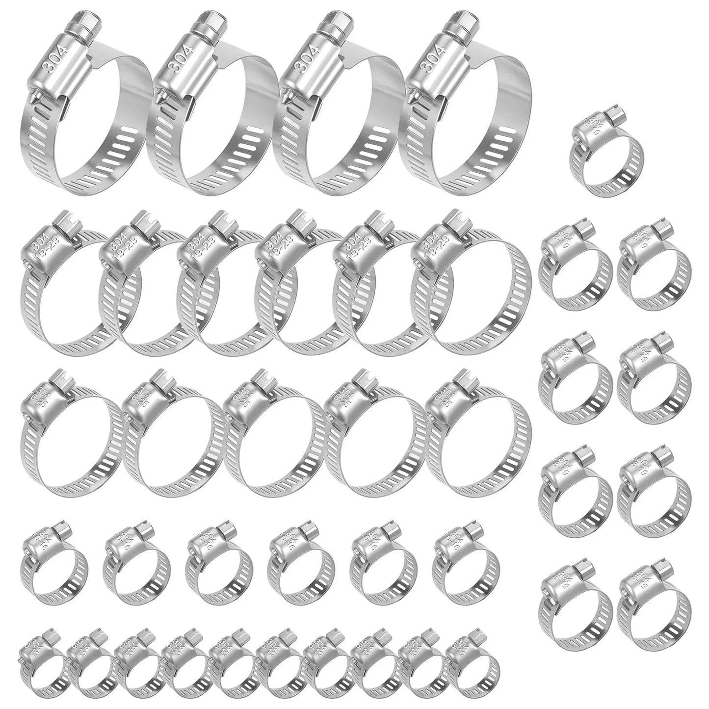 40 Piece Stainless Steel Hose Clamp Set With Adjustable Worm Gear Clamps For Fuel Lines Plumbing And Garden From One Quarter To One And One Half Inch Featuring Size Ranges 6 12mm 10 16mm 13 19mm 16 25mm 21 38mm displayed on surface